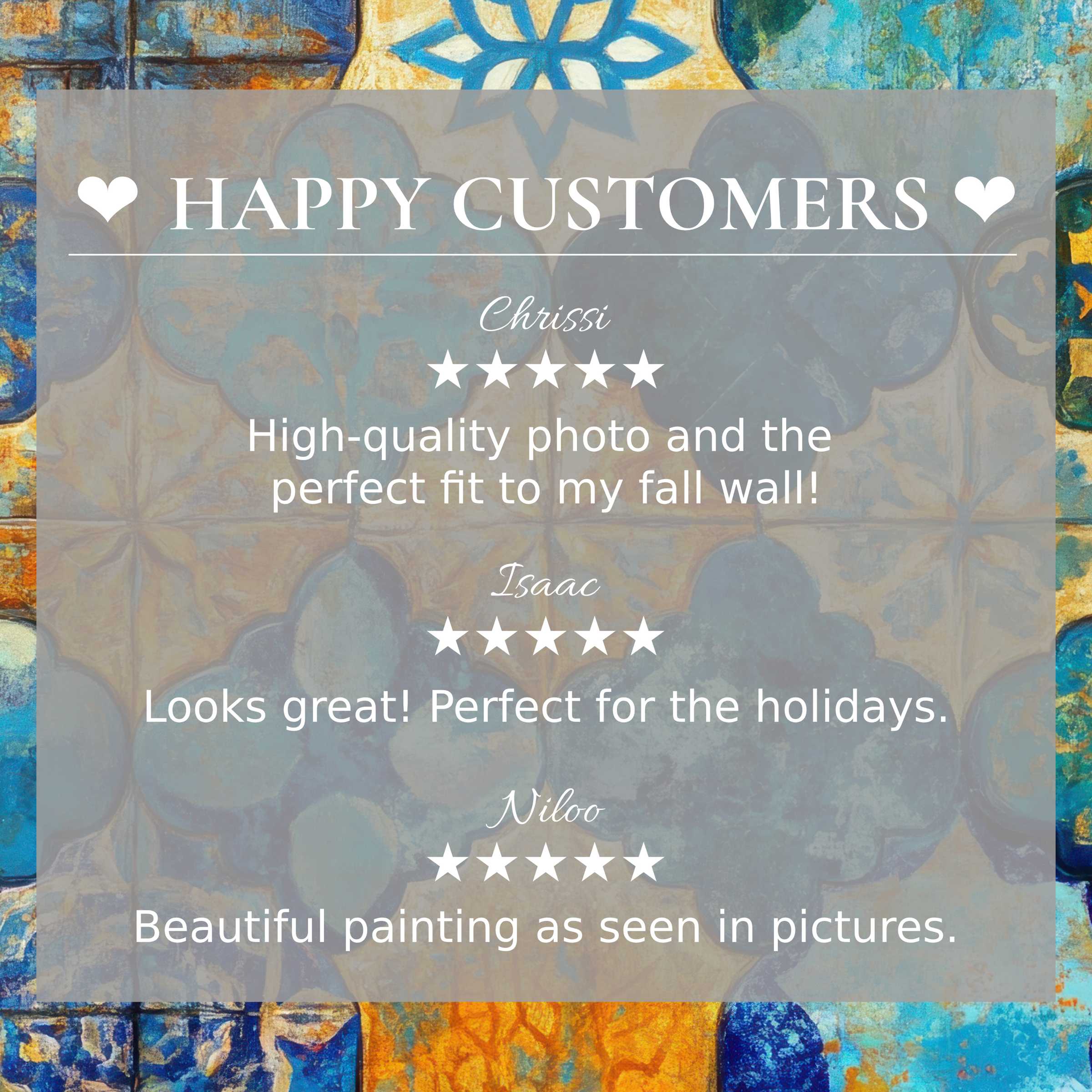 Boho art for Frame TV with abstract sunset hues and a happy customer reviews layout building trust and elegance