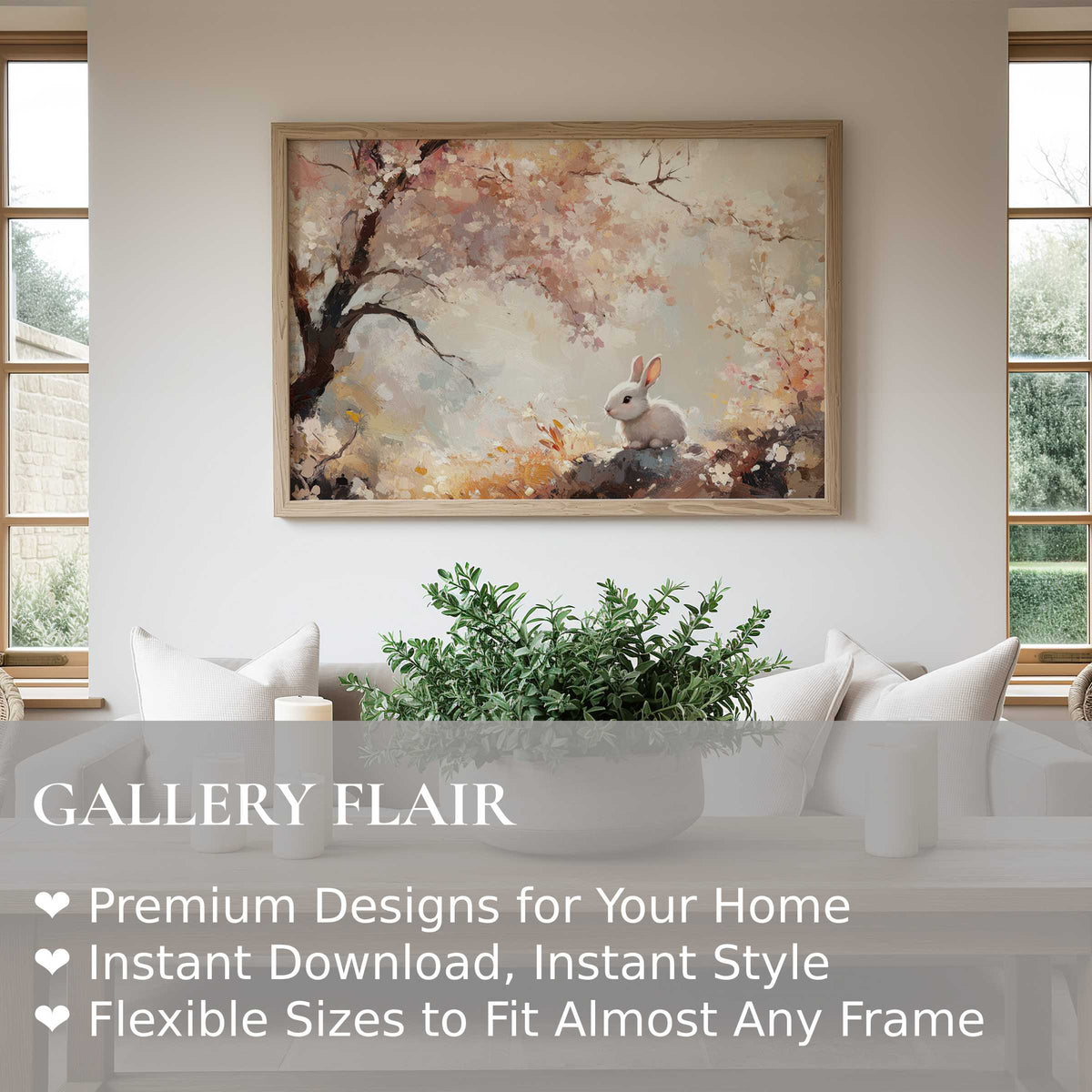 Easter wall art print featuring a delicate white rabbit amid soft pastel blooms, enhancing serene, modern farmhouse interiors