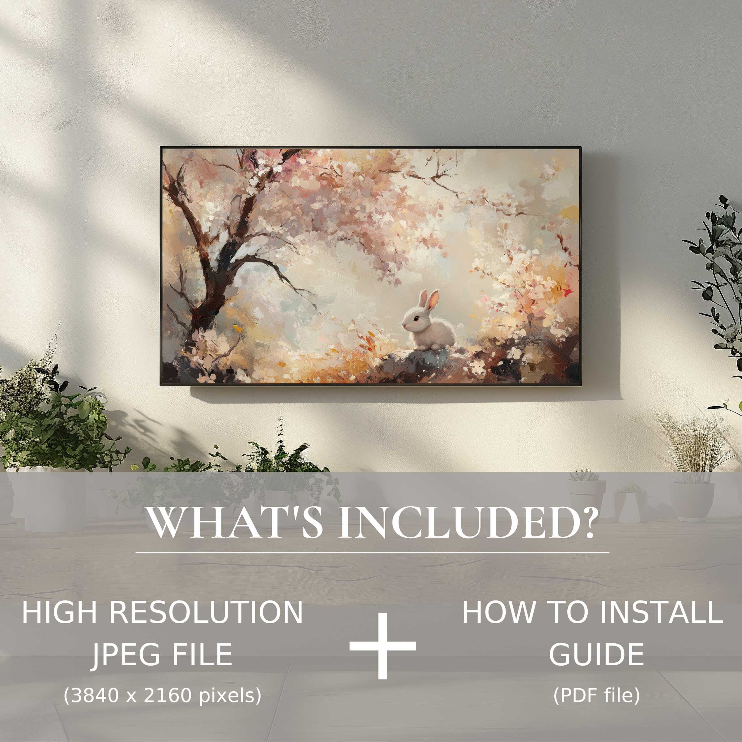 Elegant easter digital TV art download with soft bunny scene, enhances living space with easy digital use and chic decor