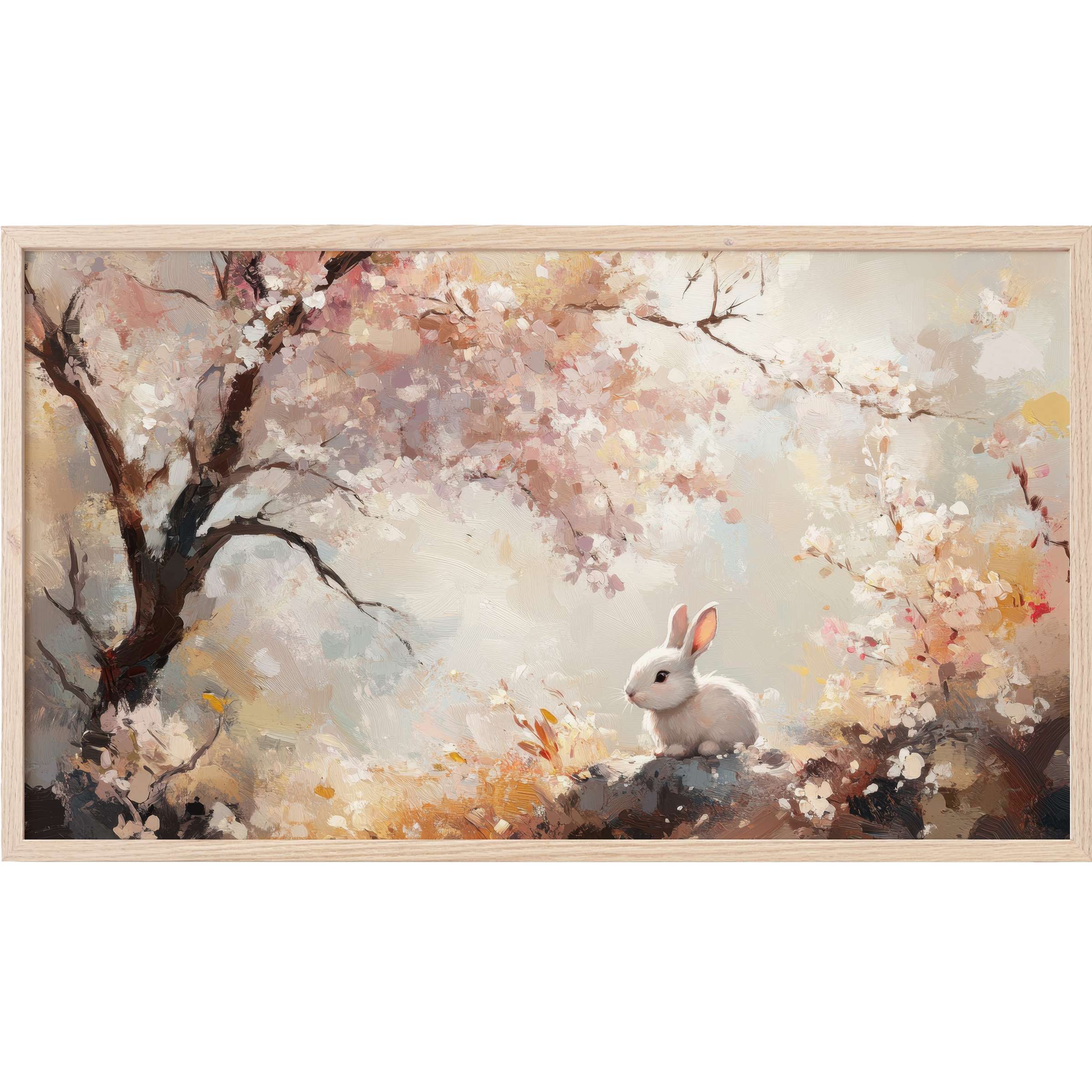 Elegant easter Frame TV Art showcasing a soft pastel palette with a white bunny beneath blooming cherry blossoms
