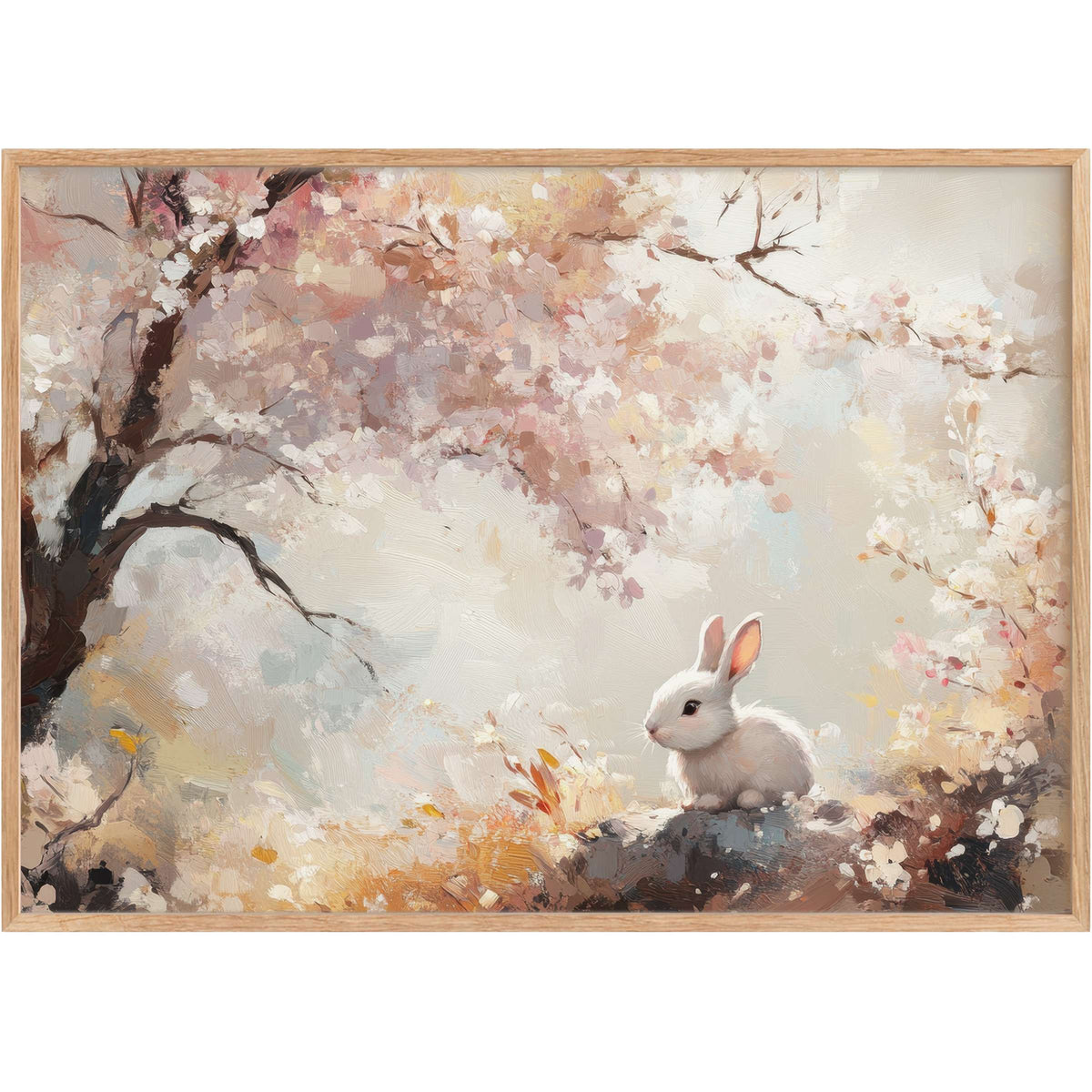 Elegant easter printable wall art featuring a serene white bunny amidst soft pastel blossoms, evoking a calming springtime glow