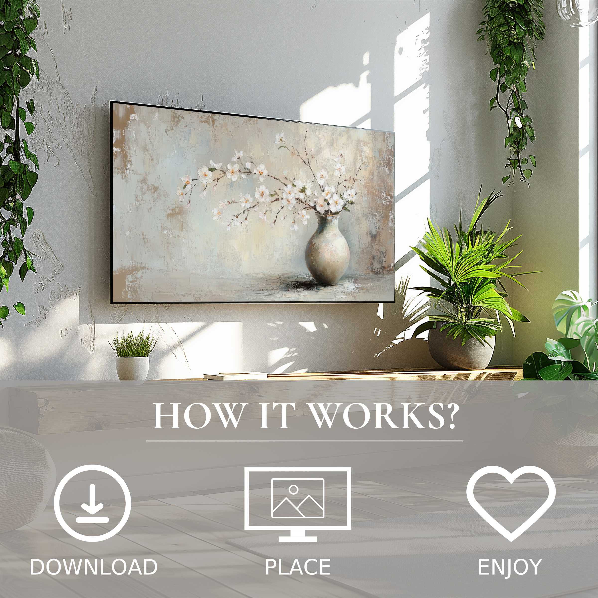 Spring art for Samsung TV with soft floral tones, easy digital download enhances living space with fresh, modern decor