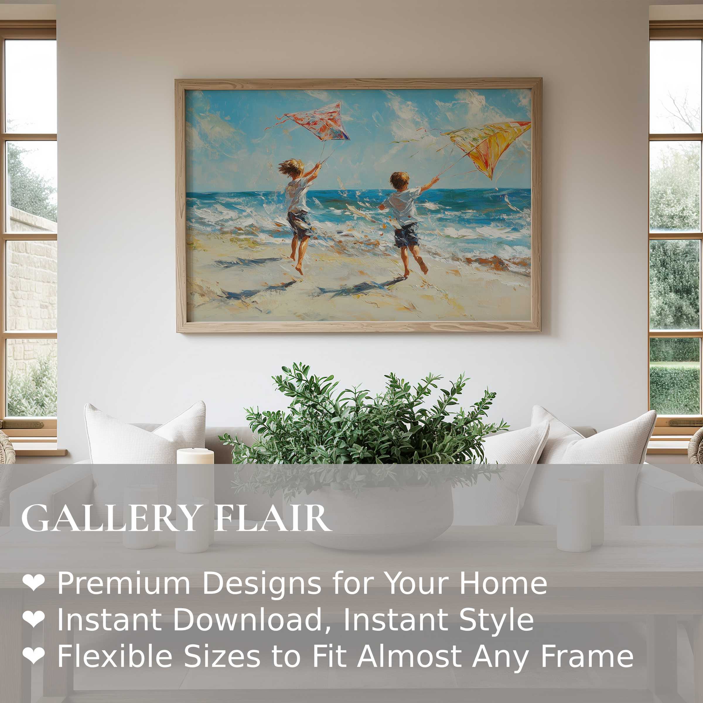 Beach wall art print capturing joyful children flying kites on a sunlit shore, evoking radiant, calming coastal vibes Enhances modern, minimalist interiors with airy, breezy elegance and natural wood accents for serene home decor inspiration