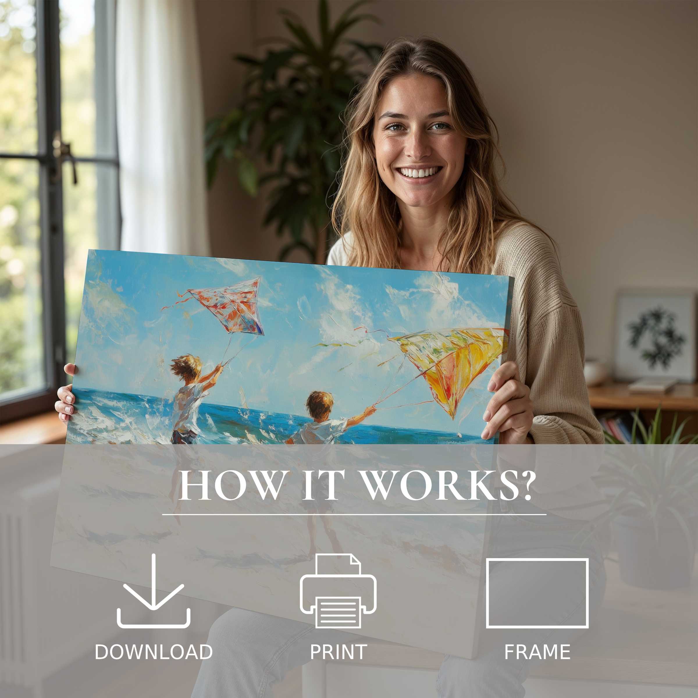 Joyful connection with a vibrant beach digital art print, enriching serene modern interiors with effortless elegance