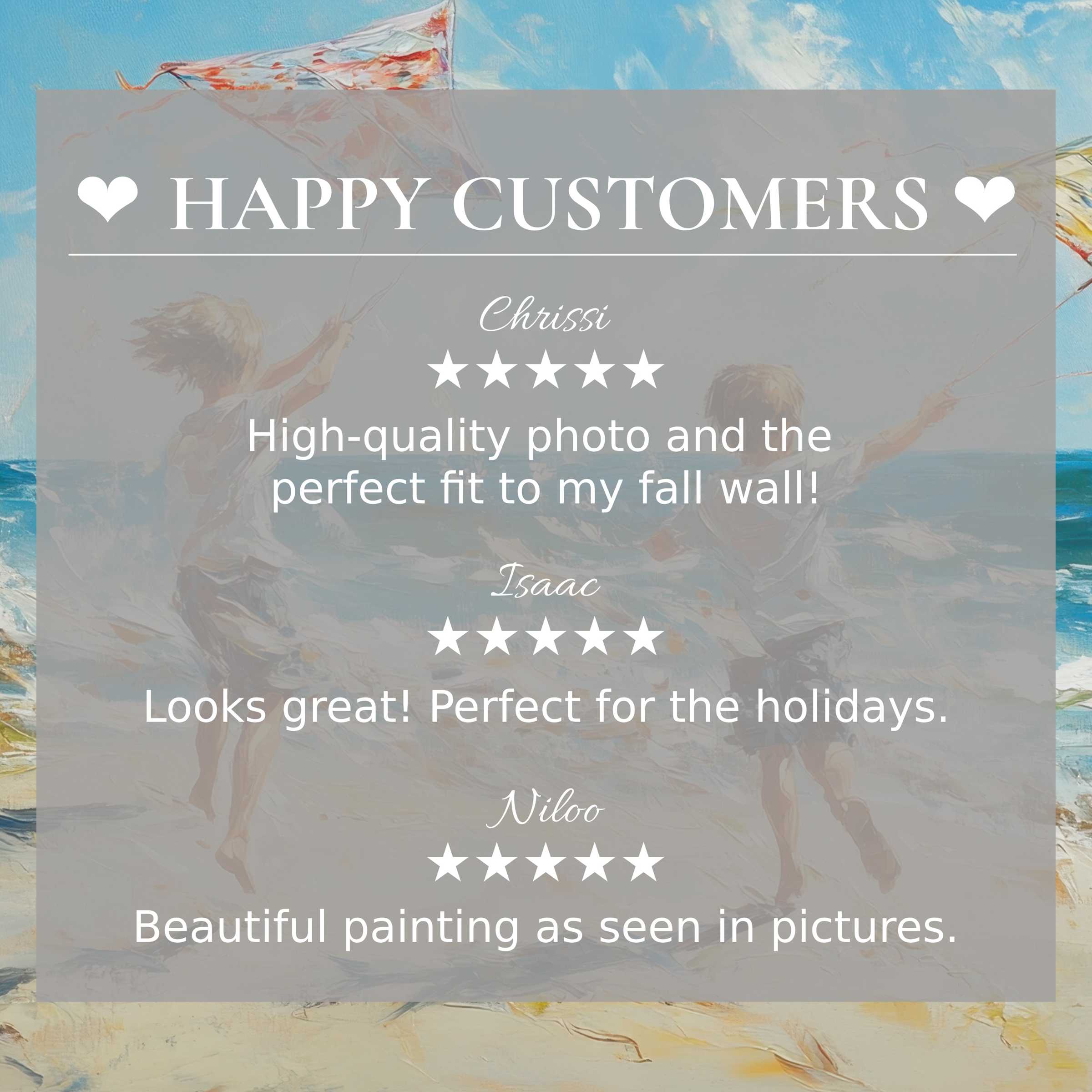 Beach art for Frame TV with abstract sky-blue tones, happy customer reviews build trust and showcase elegance