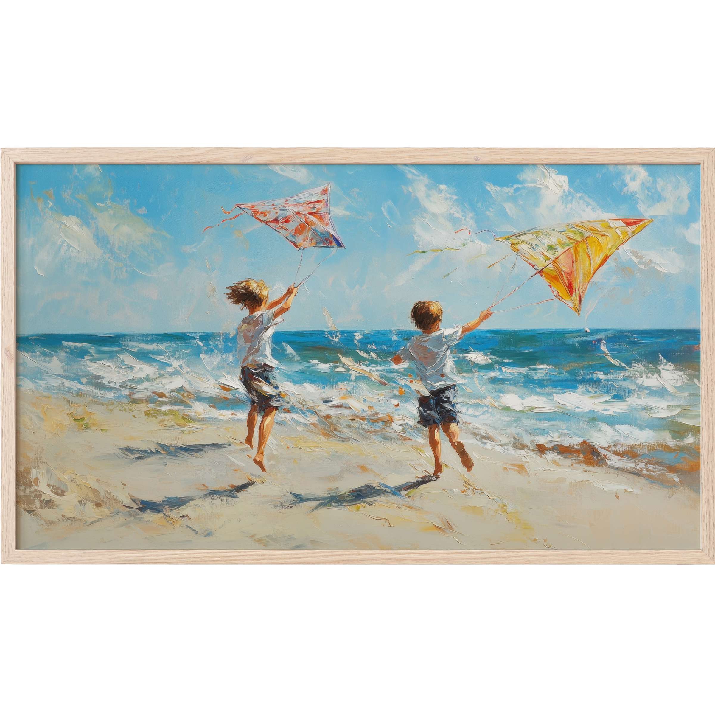 Beach Frame TV Art depicting two children joyfully flying kites on a sandy shore with vibrant blues and warm hues