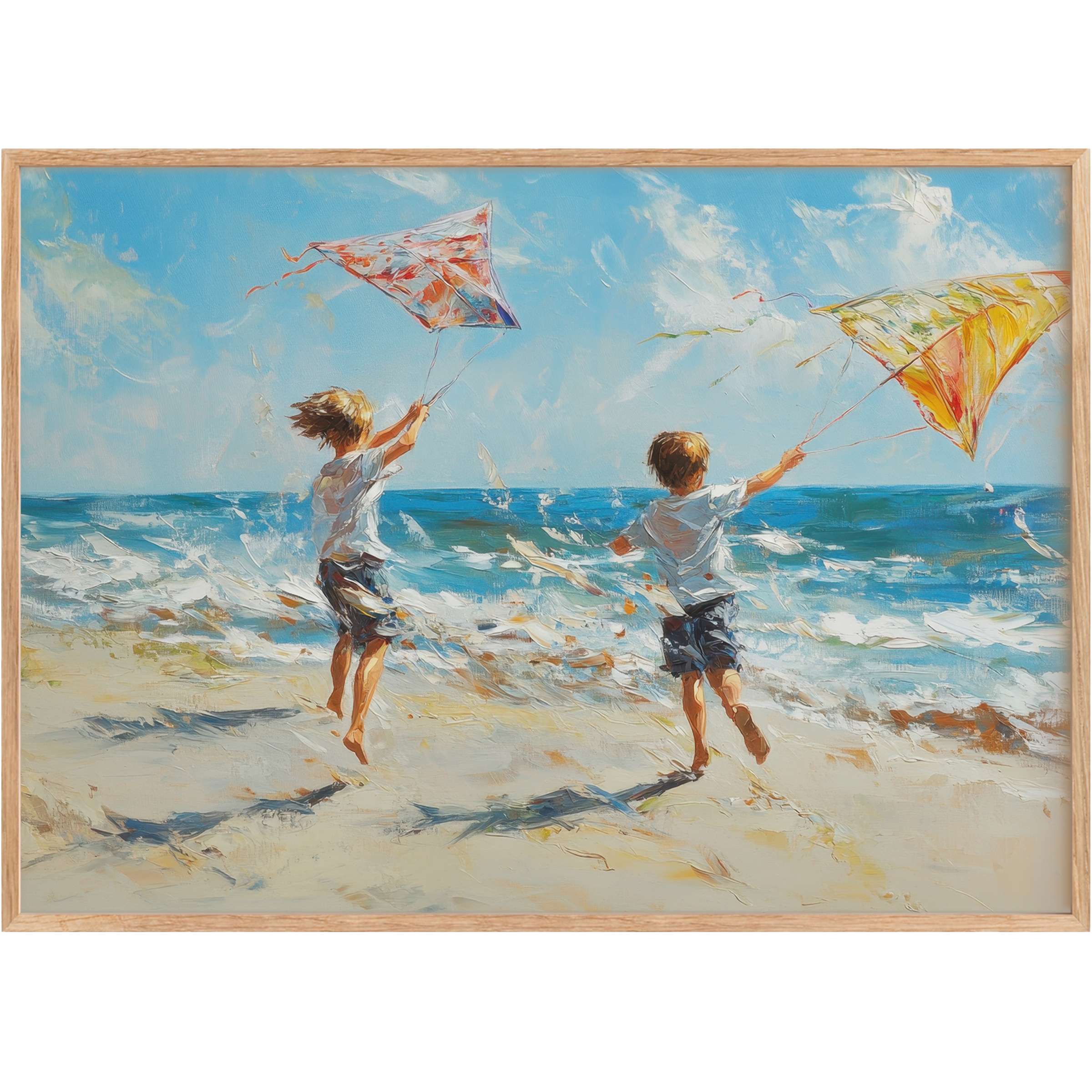 Joyful children chase colorful kites along a sunlit shore in beach printable wall art, evoking radiant freedom and serene ocean breeze