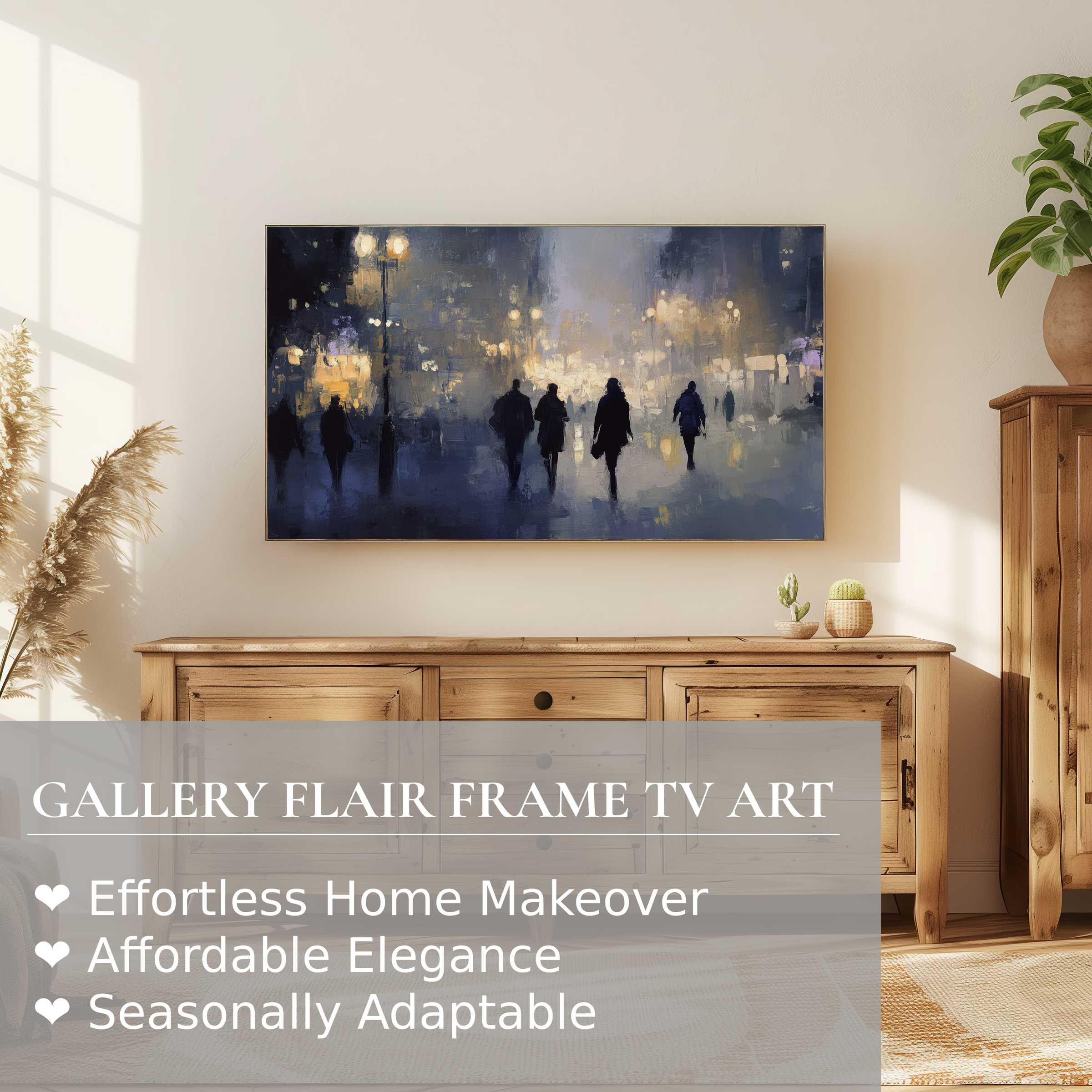 Samsung Frame TV displays moody urban digital artwork evoking night cityscape, perfect for refined home decor settings