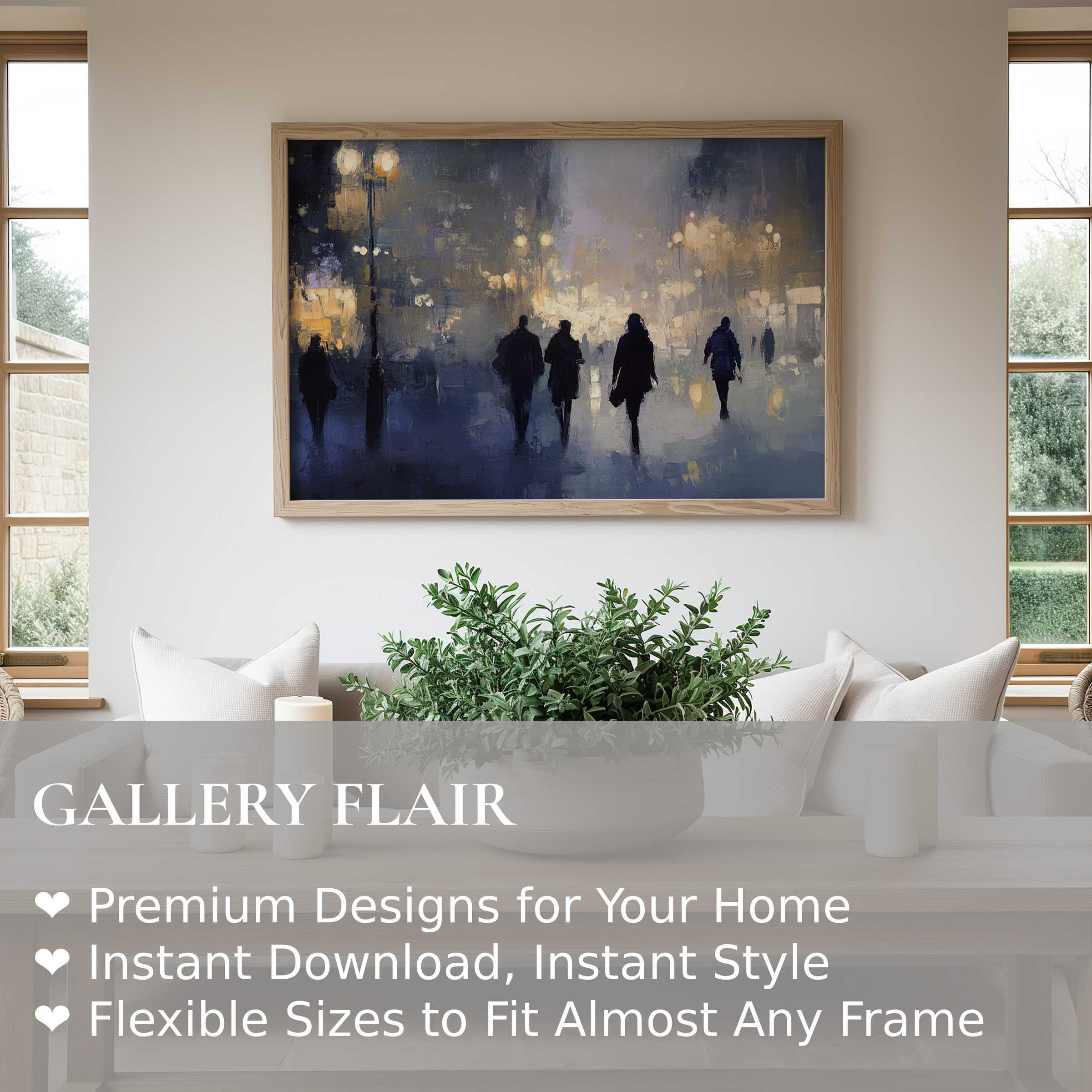 Urban art wall art print capturing a moody cityscape with silhouettes and glowing streetlights, enhancing modern minimal interiors