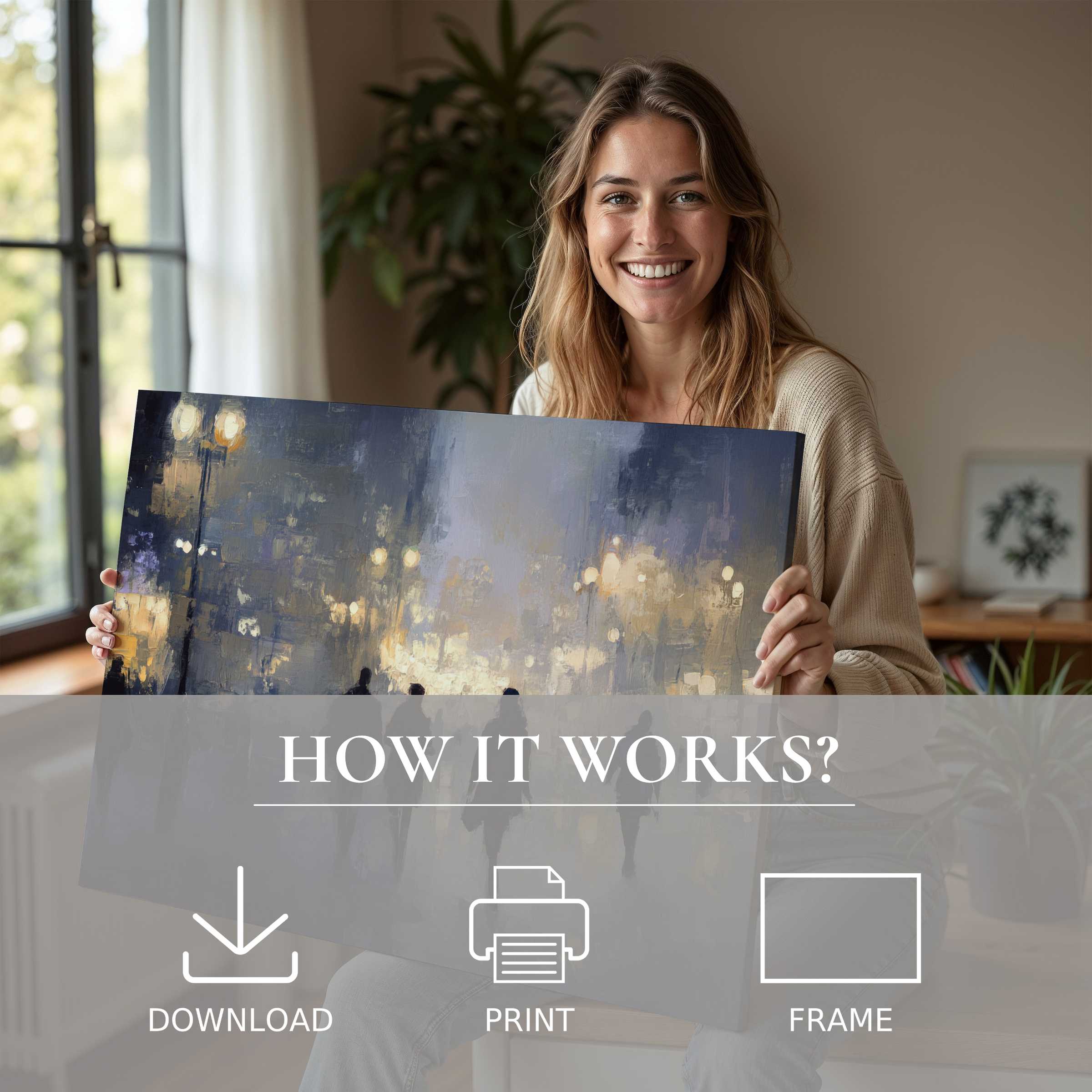 Woman in a serene modern home radiates joy, embracing an urban digital art print that transforms space with luminous abstraction