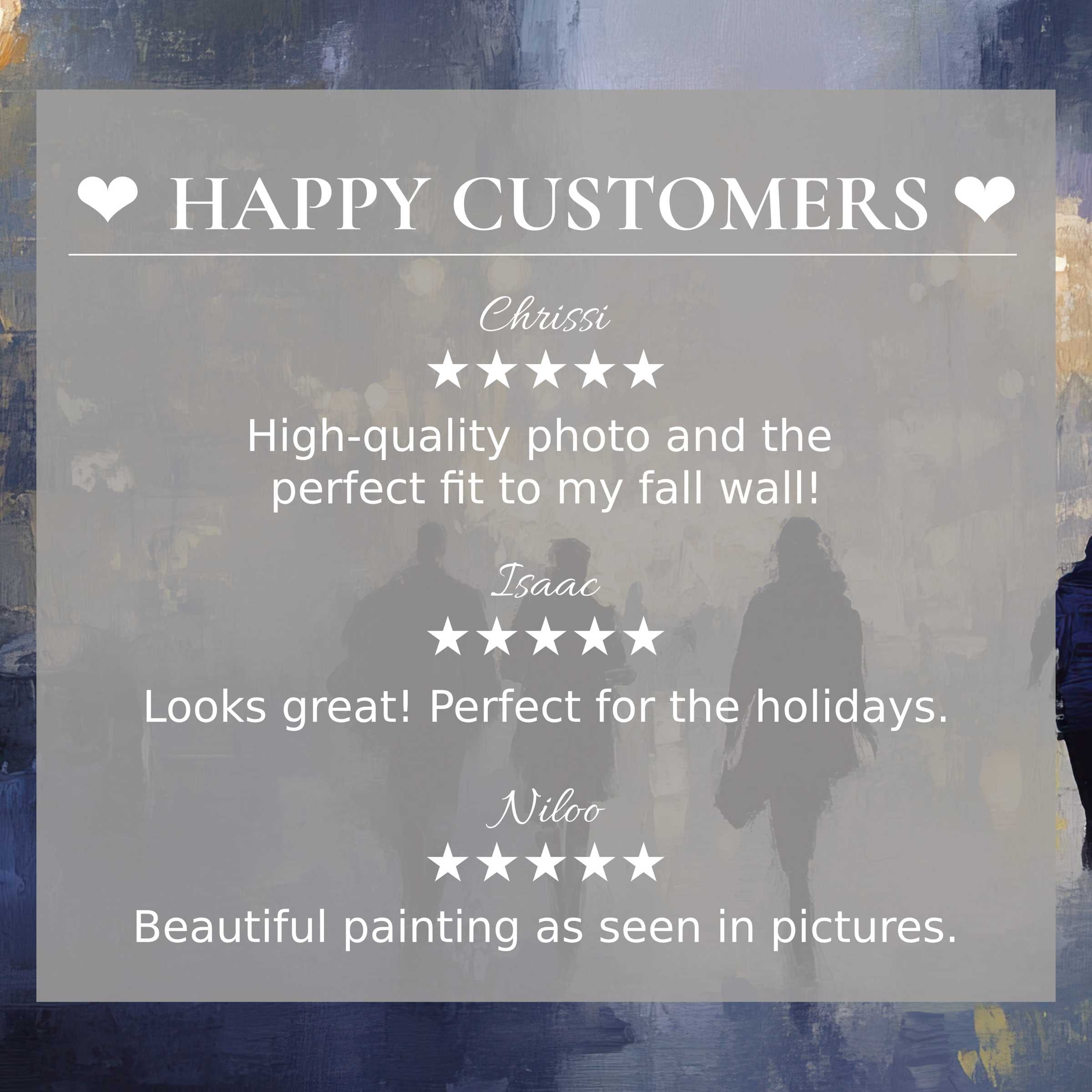 Urban art for Frame TV with abstract dusk tones, showing happy customer reviews that inspire confidence and elegance