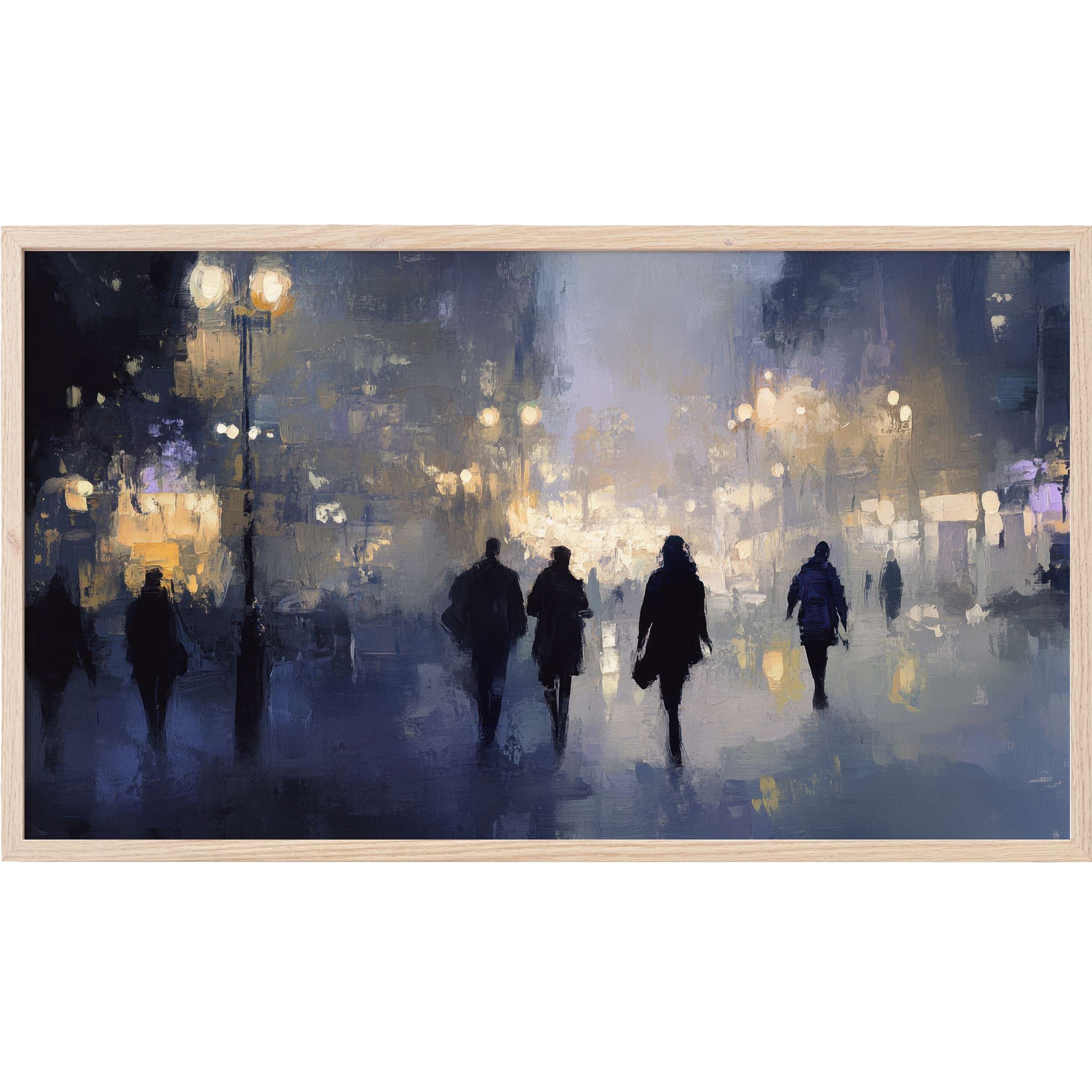Urban evening scene with silhouettes and glowing streetlights in deep blues and warm golds, urban Frame TV Art