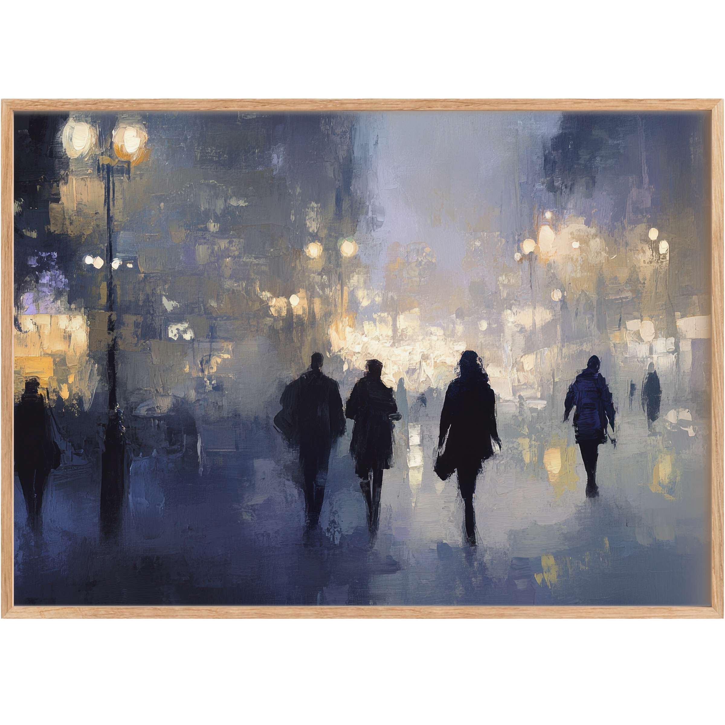 Moody urban printable wall art captures twilight cityscapes with deep blues and warm amber lights, evoking serene evening elegance