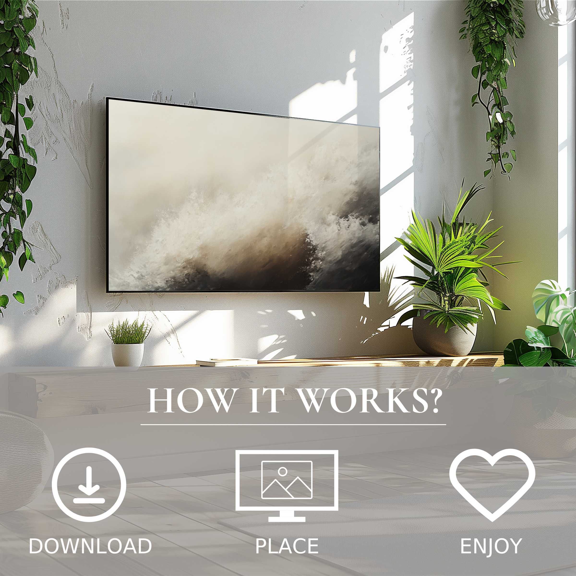 Coastal art for Samsung TV shows soft wave tones; easy digital download enriches modern living spaces with calm
