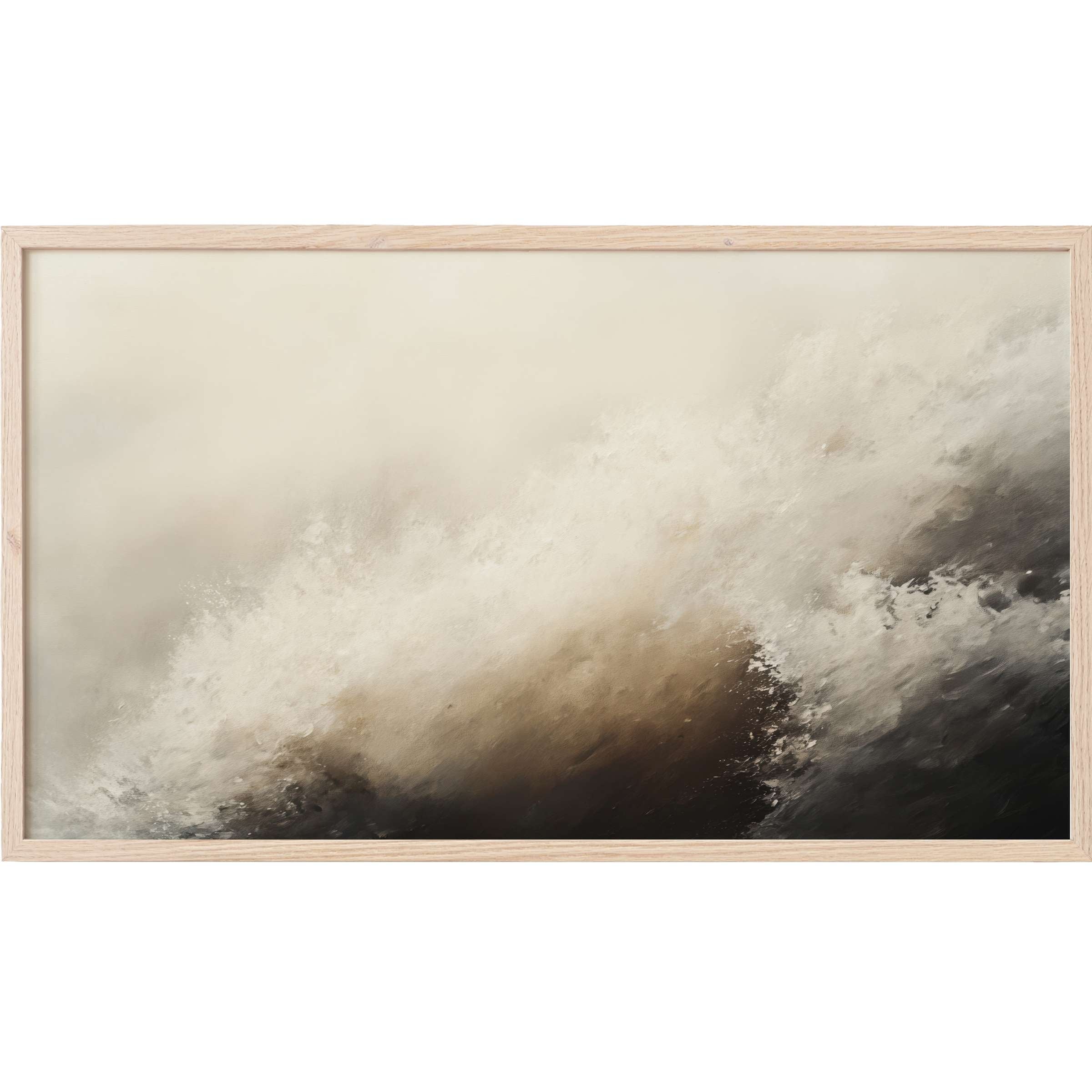 Ethereal coastal Frame TV Art with soft beige, cream, and deep charcoal tones in a modern, abstract wave design
