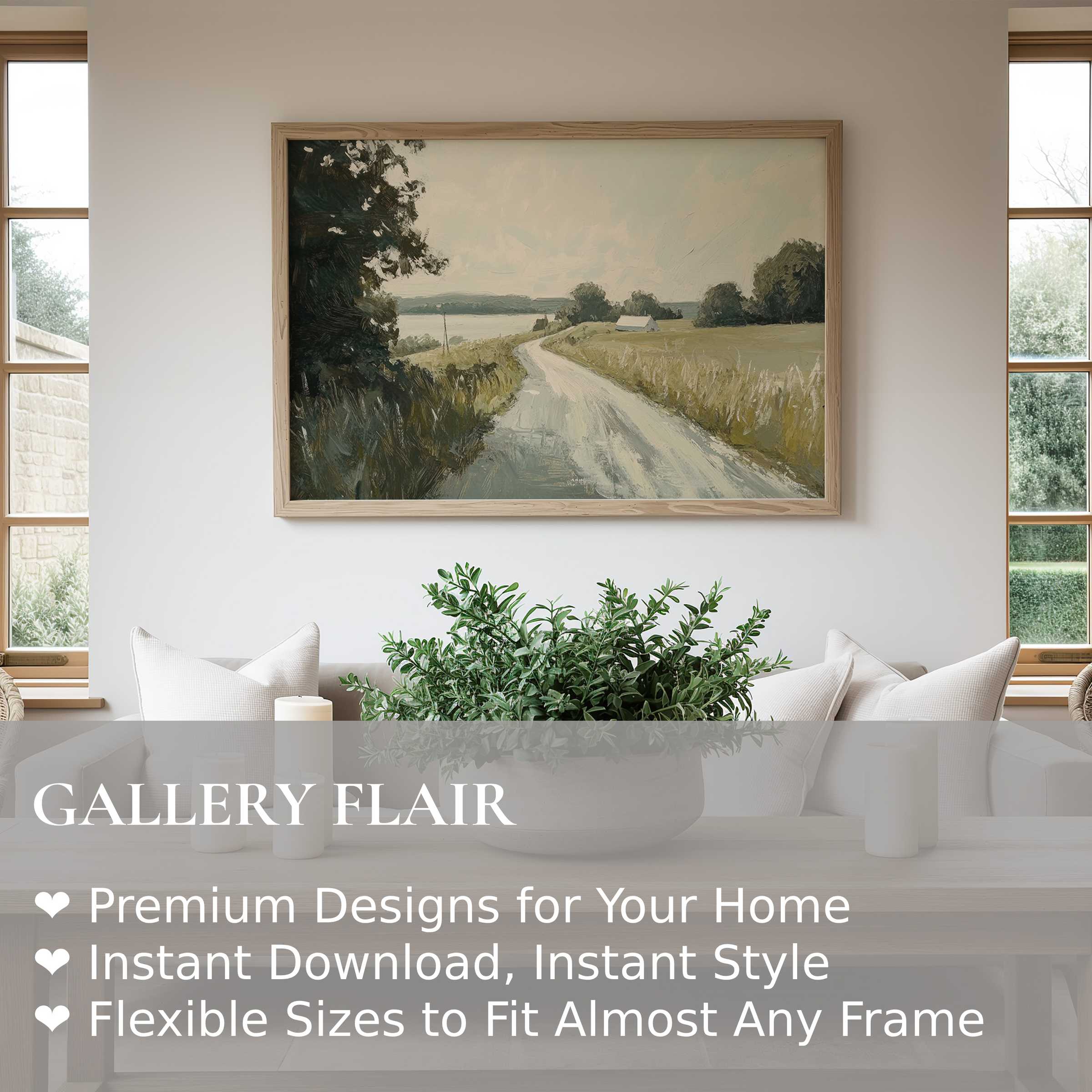 Vintage wall art print of a serene countryside path, radiating calming earth tones in a modern minimalist living space