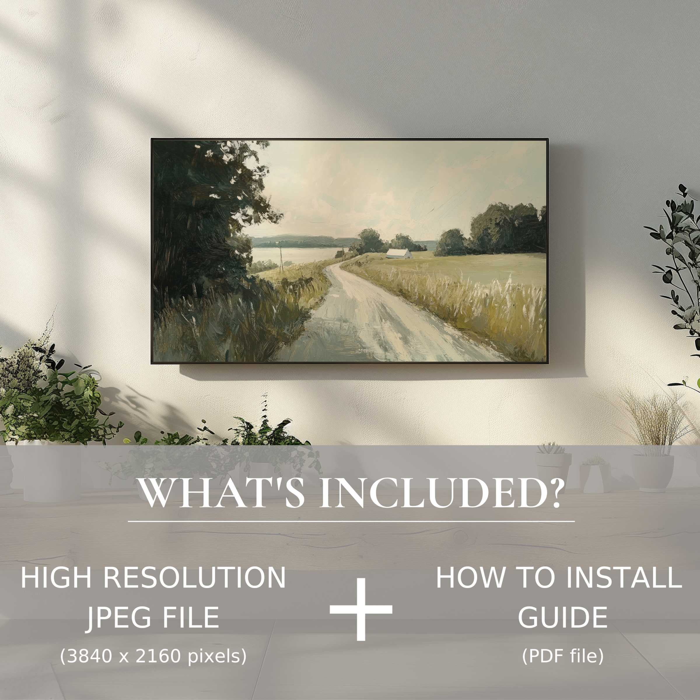Vintage digital TV art download; elegant rural landscape enhances modern living spaces with effortless digital use