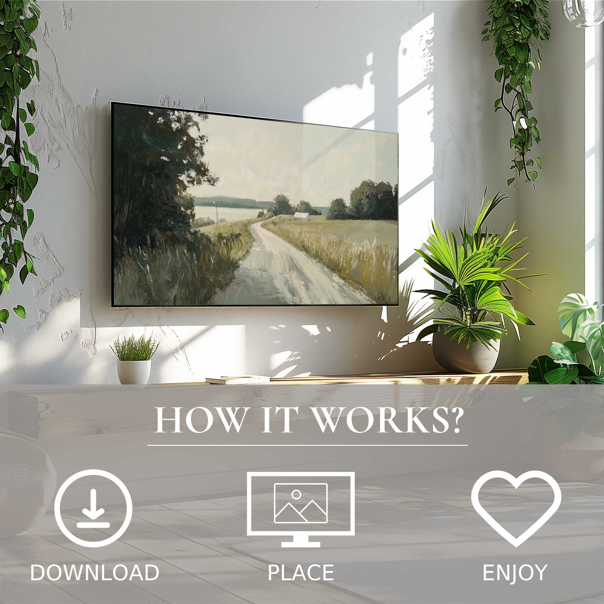Vintage art for Samsung TV shows a serene country road in soft muted tones; easy digital download enriches your space