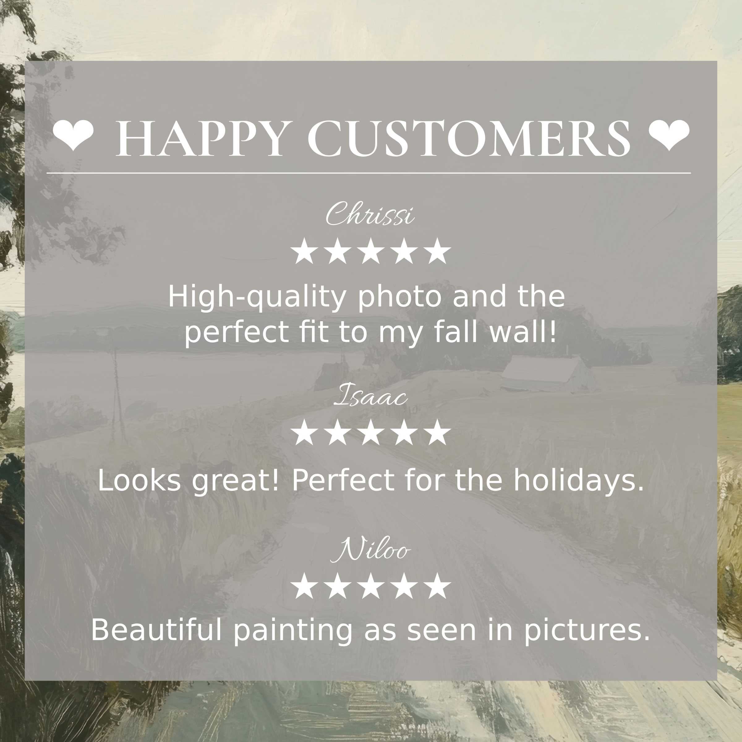 Refined vintage art for Frame TV with serene landscape background; happy customer reviews build trust and elegance