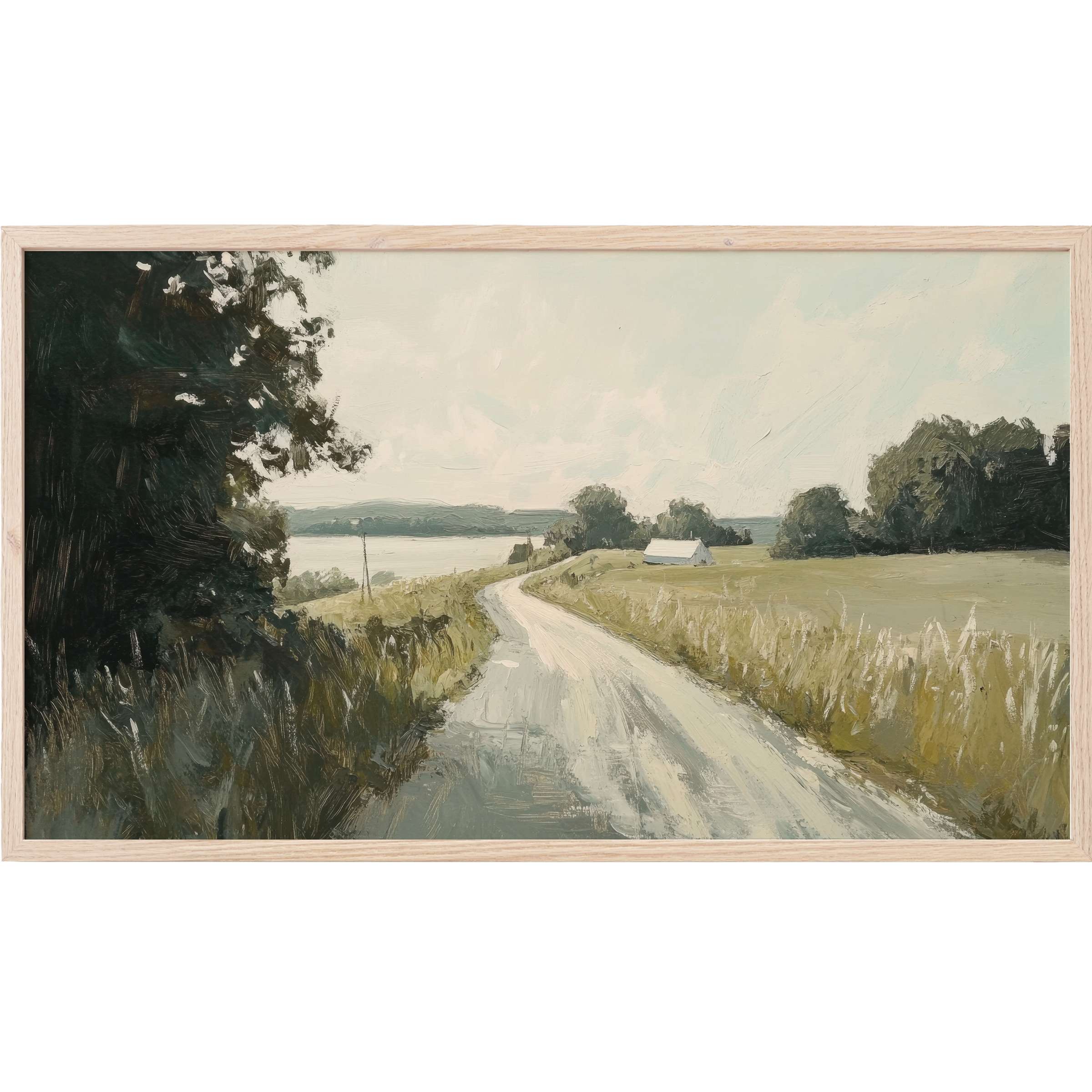 Serene countryside path in muted greens and greys, textured brushstrokes, vintage Frame TV Art framed in soft wood