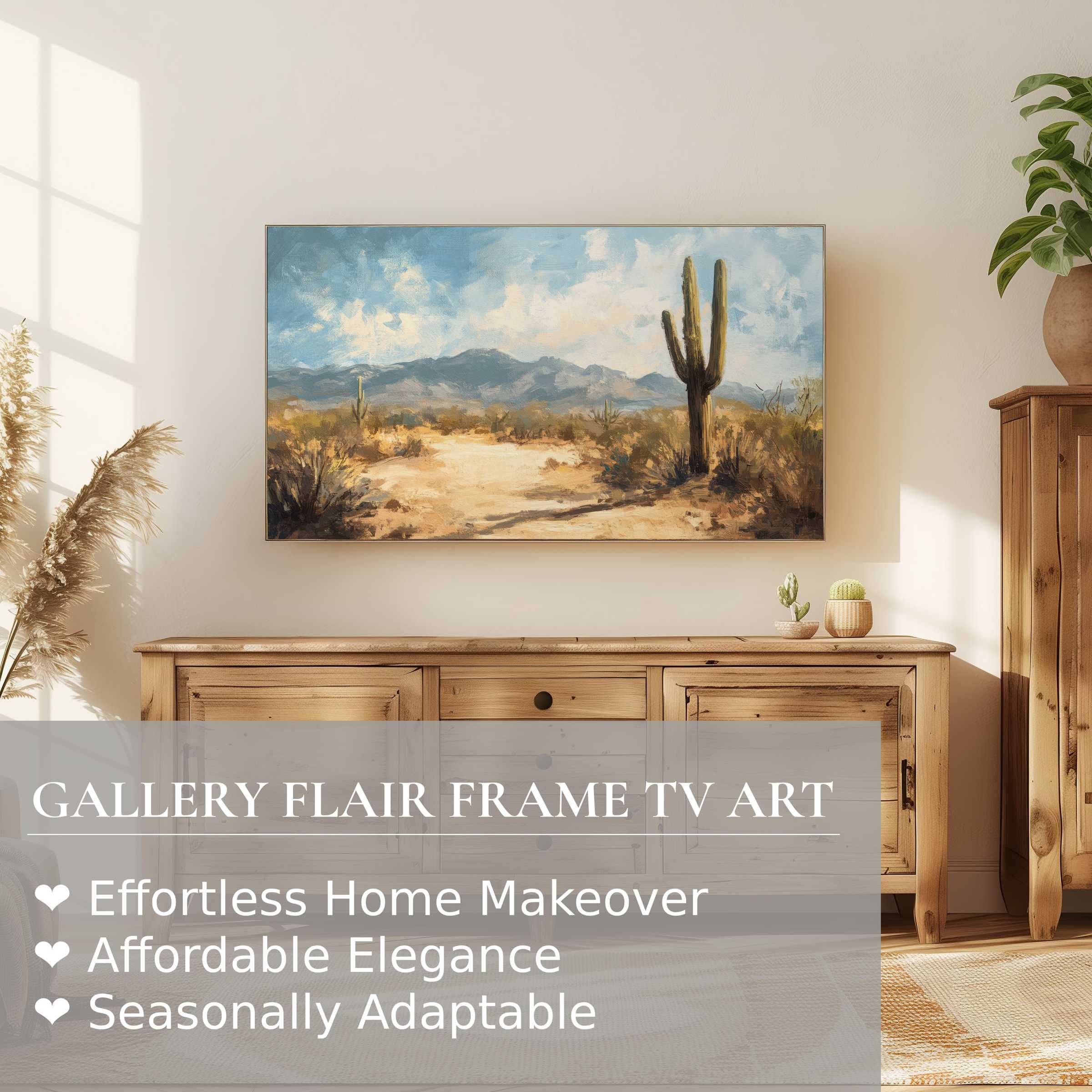 Samsung Frame TV showcases summer digital artwork with a serene desert scene, blending modern elegance and natural warmth
