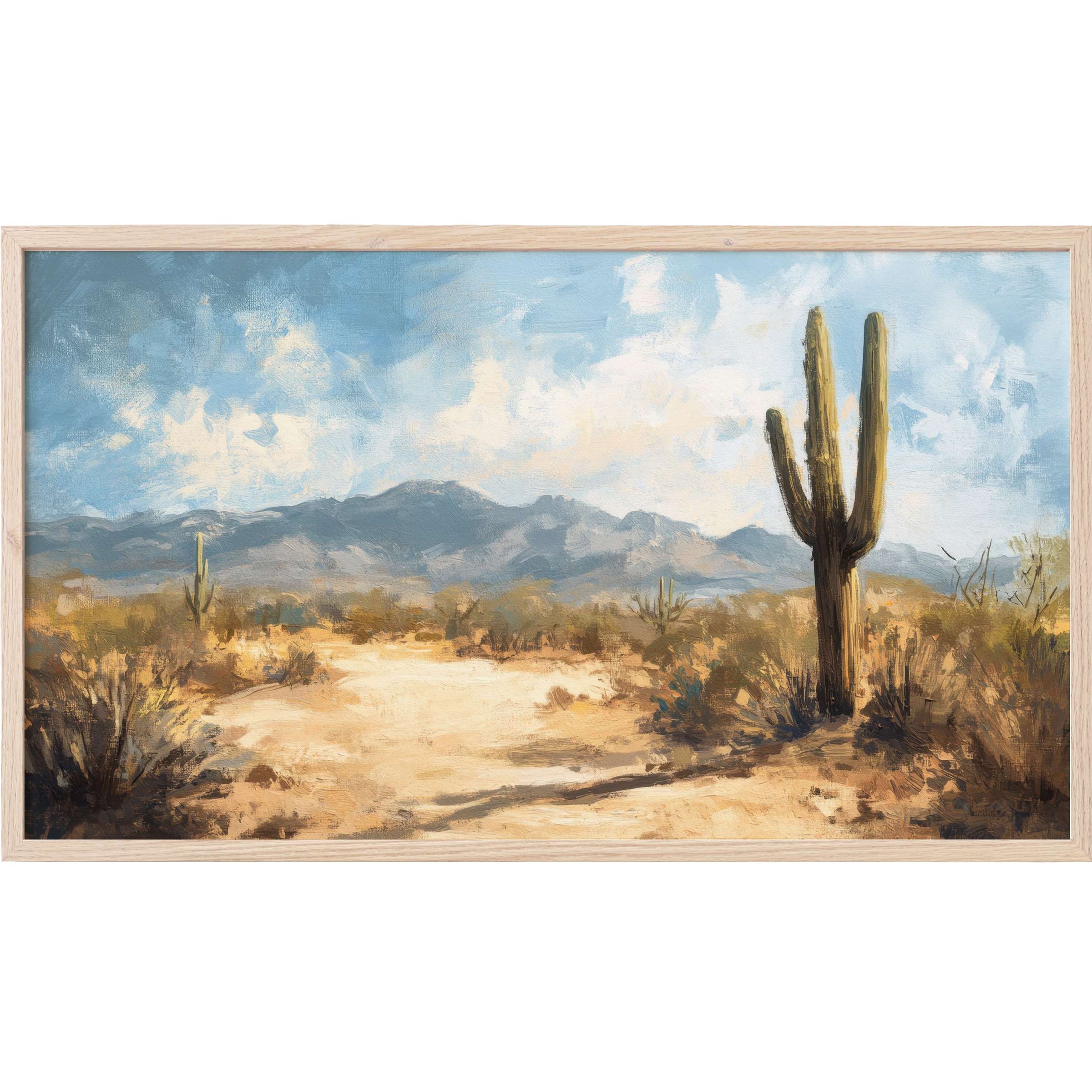 Desert landscape with cacti, soft blues and warm earth tones, elegant summer Frame TV Art for modern spaces