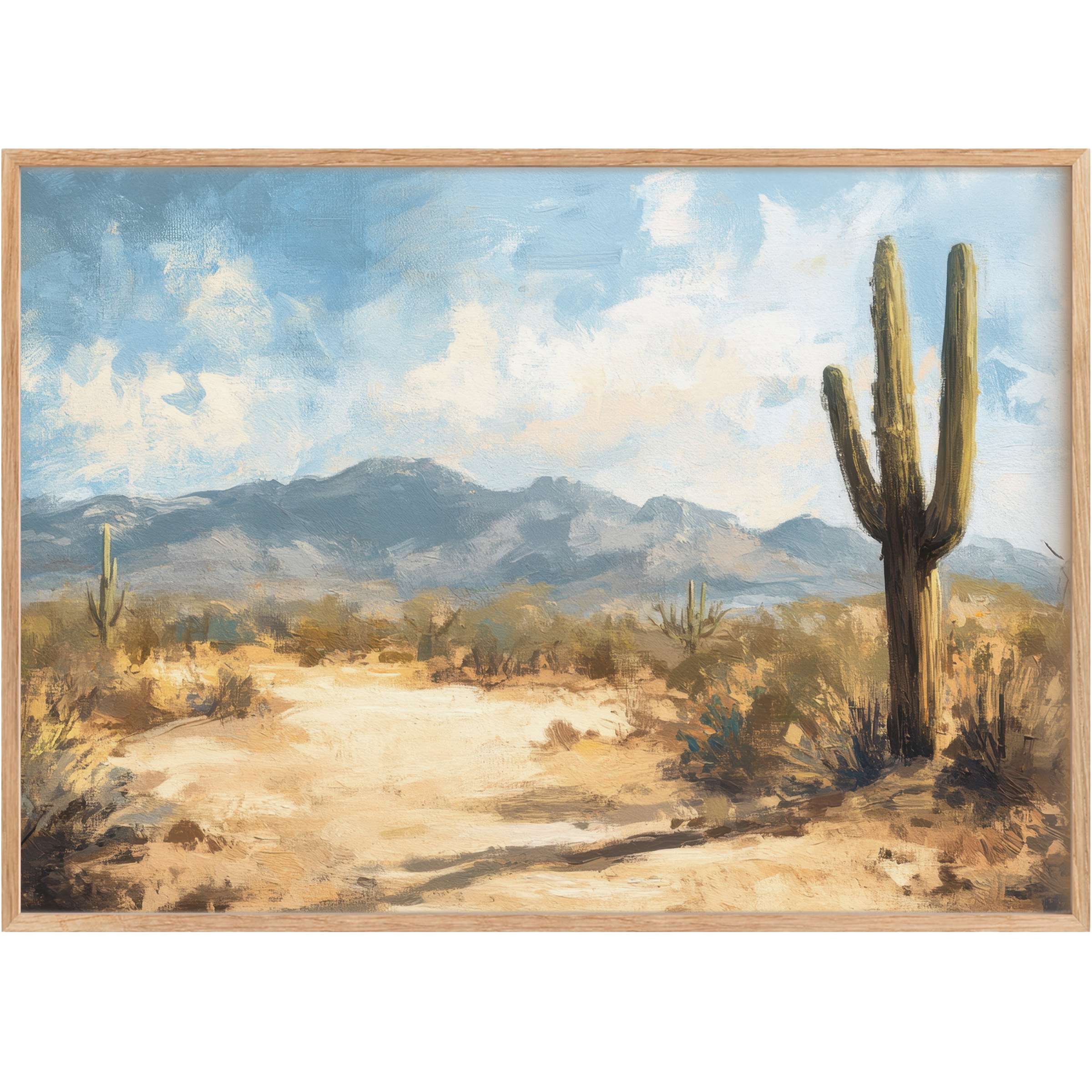 Sunlit desert landscape with towering cactus and soft blue skies, evoking serene warmth in summer printable wall art