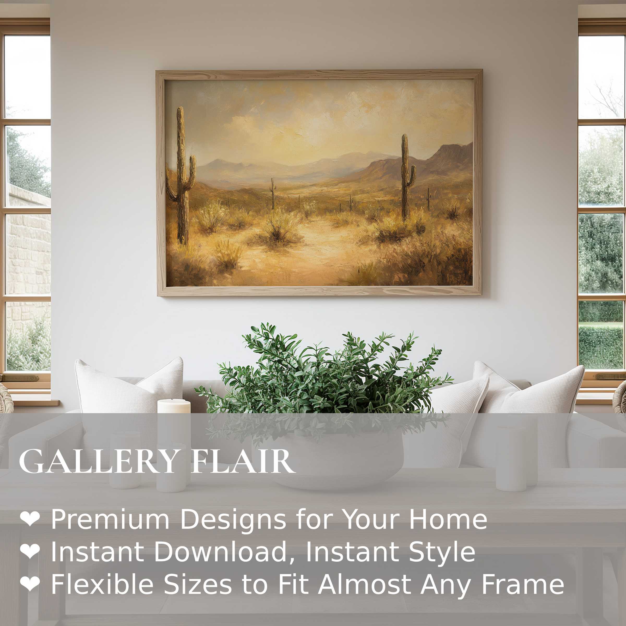 Landscape wall art print capturing a radiant desert vista with cacti, enhancing modern minimalist interiors with warm, calming earth tones