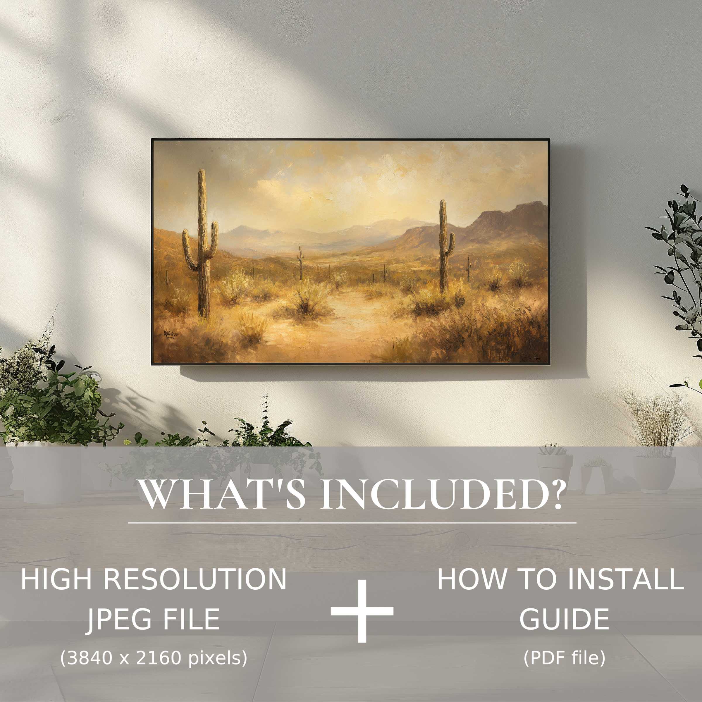 Elegant landscape digital TV art download, enhances living spaces with easy digital use and warm desert tones