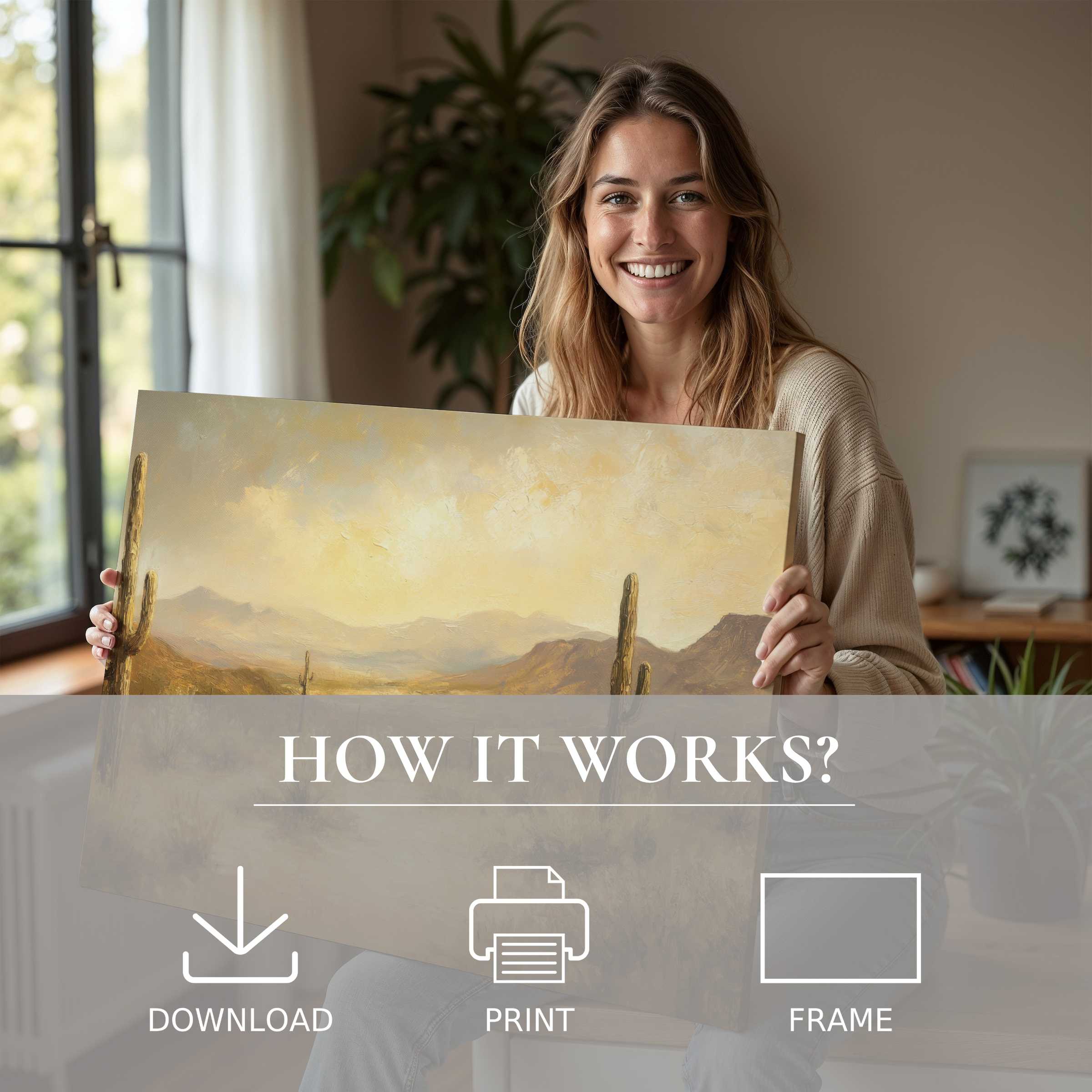 Joyful moment connecting with a serene landscape digital art print in a modern, sunlit home sanctuary