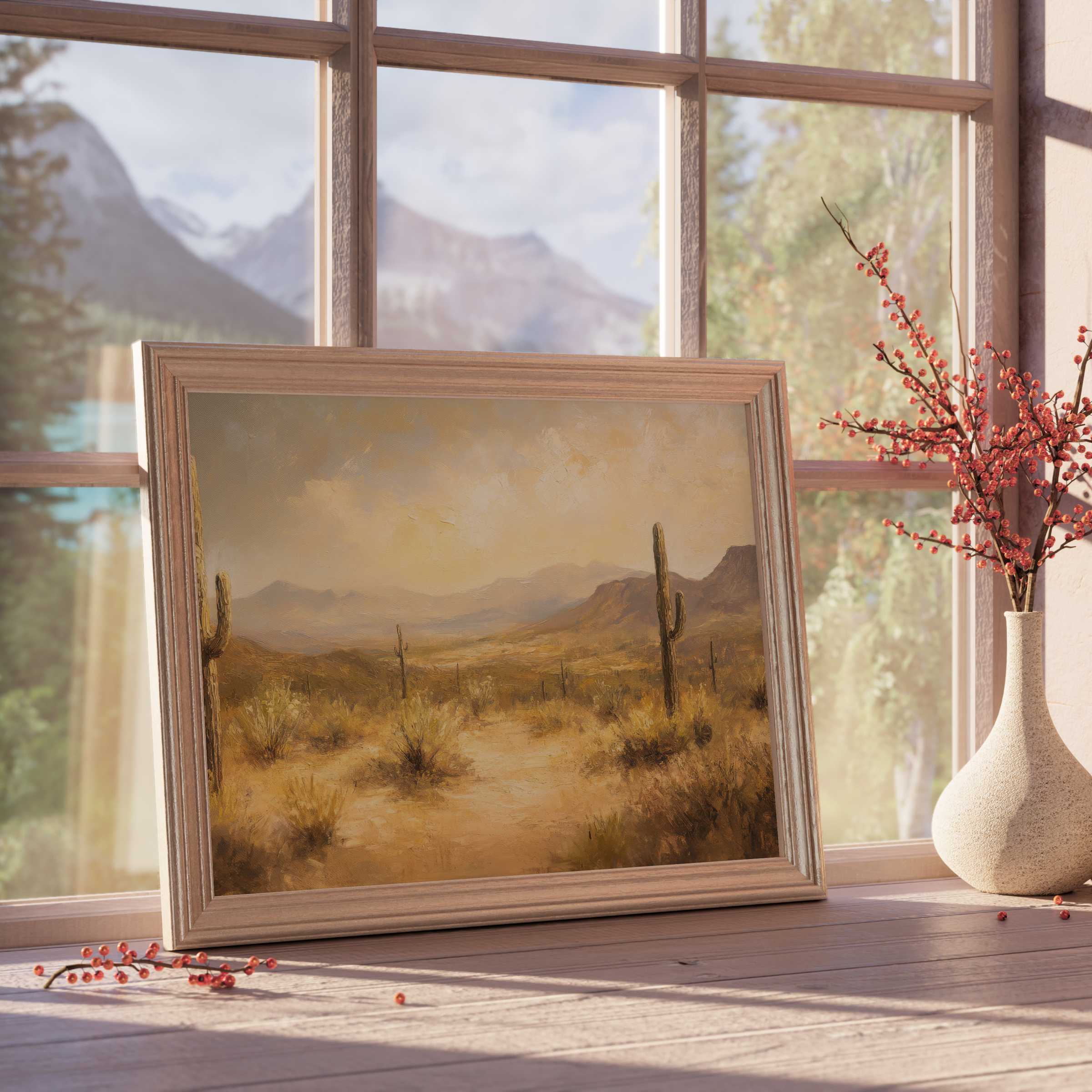 Warm, tranquil landscape downloadable art featuring sunlit desert cacti, blending rustic charm with elegant, curated interiors