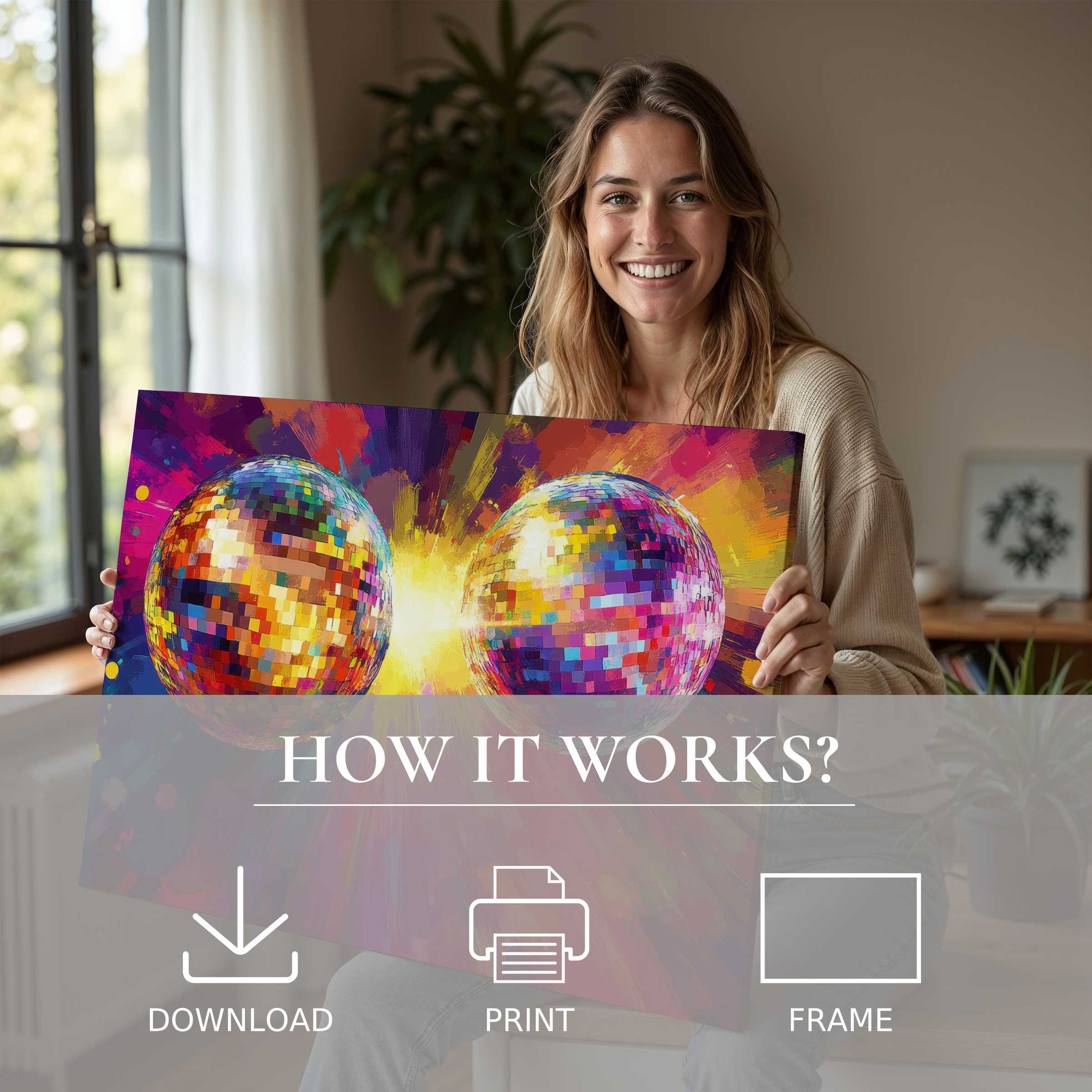 A serene moment of joyful connection with vibrant pop art digital art print, enriching a modern home’s elegant ambiance