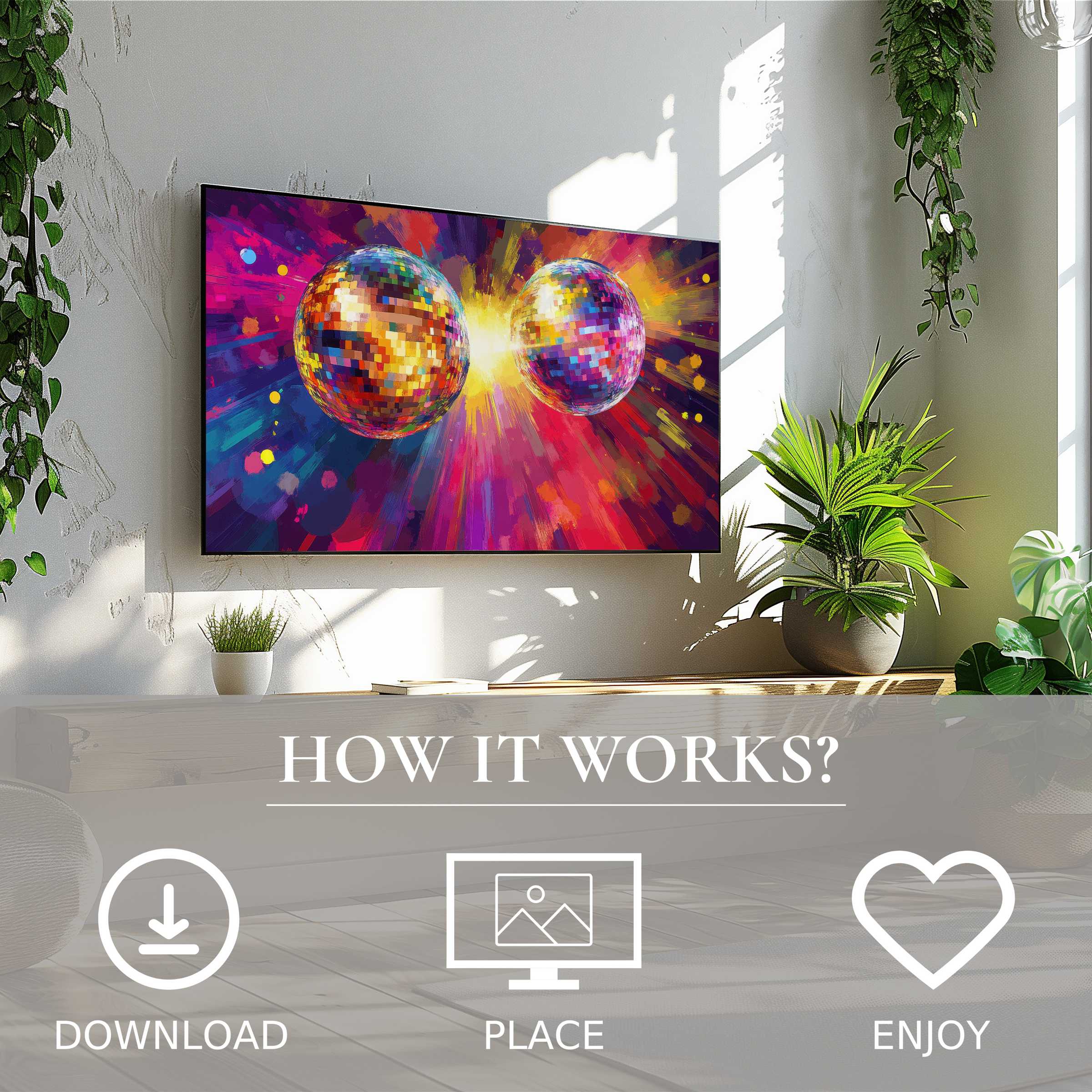 Pop art art for Samsung TV with vibrant disco ball motif, easy digital download to enrich modern living spaces