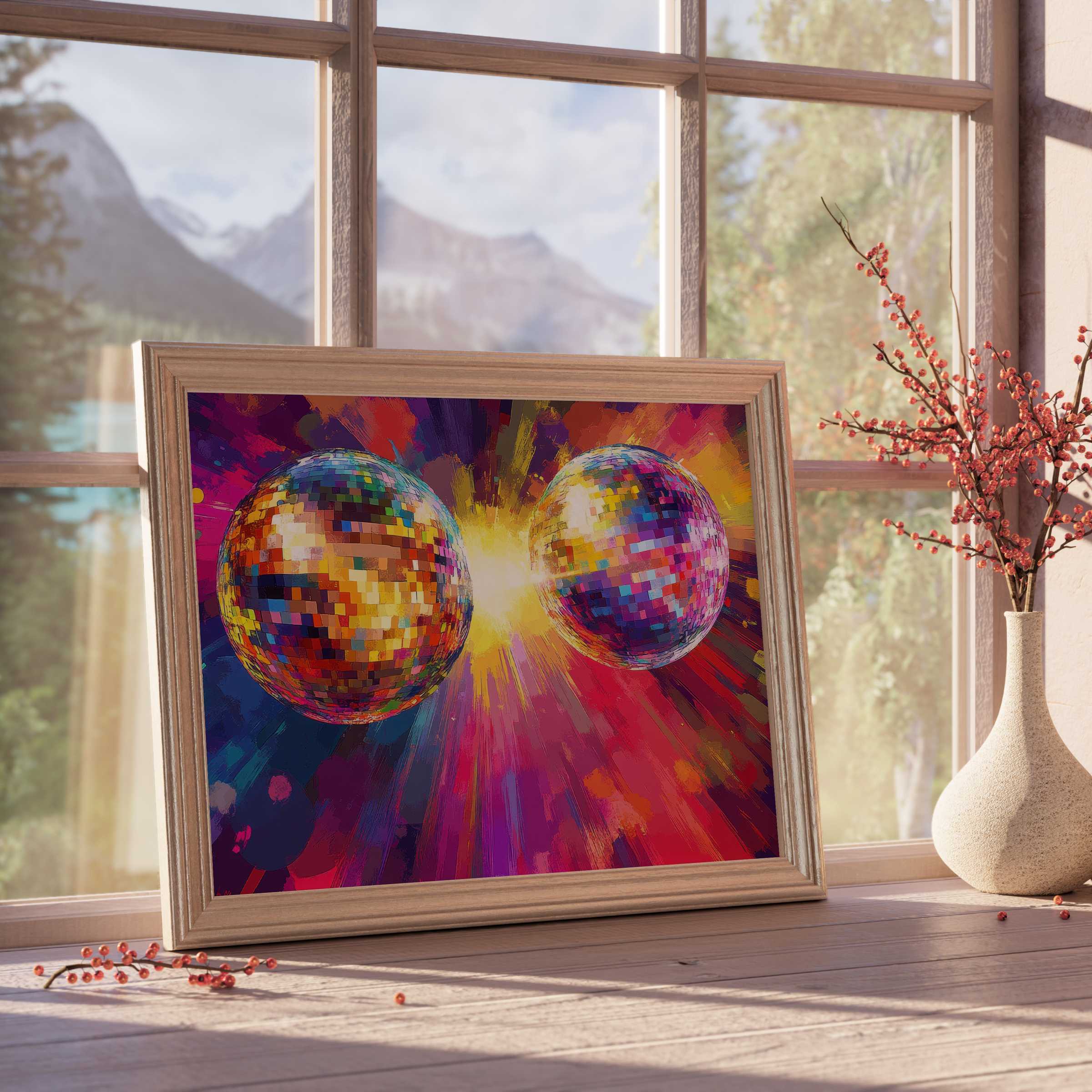 Vibrant pop art downloadable art with kaleidoscopic spheres energizing curated, tranquil interiors and luxe modern spaces