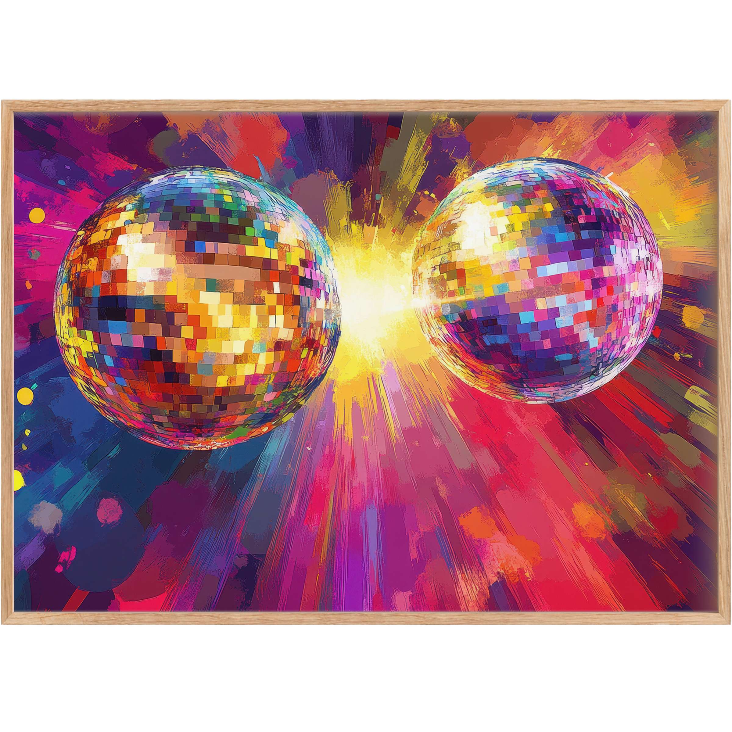 Vibrant pop art printable wall art featuring radiant disco spheres in fiery reds, purples, and golds, elevating any chic space