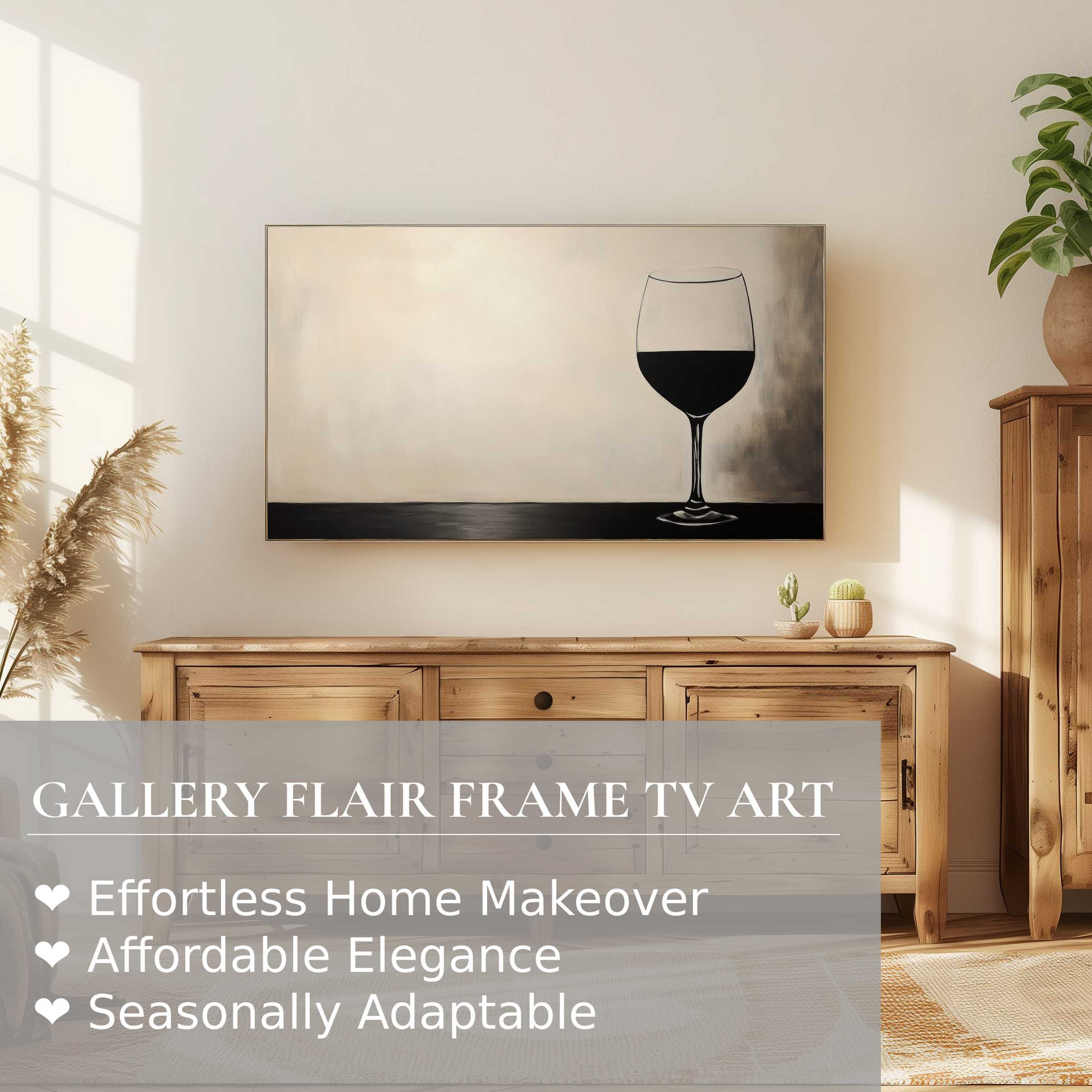 Samsung Frame TV showcases minimalist digital artwork of a wine glass in a warm, natural wood setting