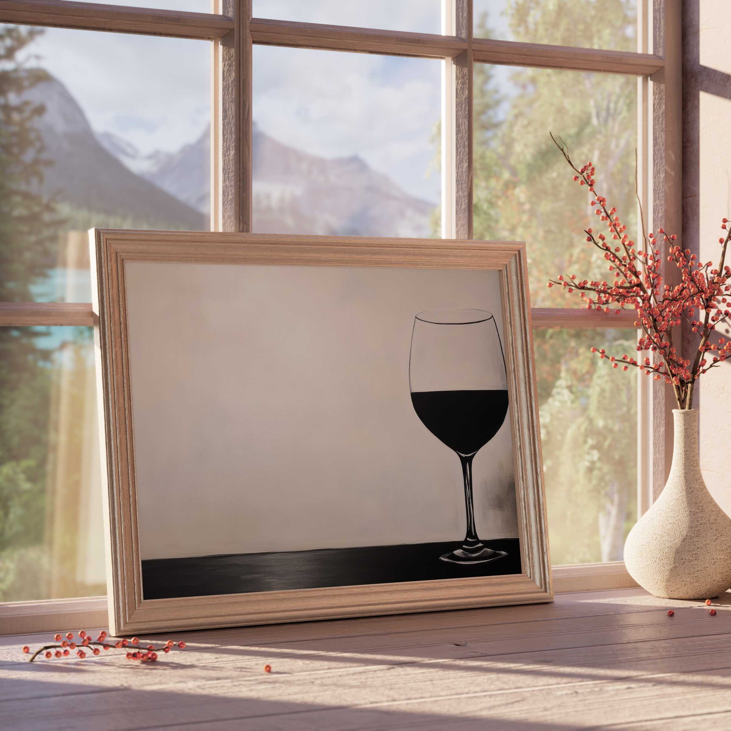 Elegant minimalist downloadable art featuring a single wine glass silhouette, enhancing tranquil, design-forward interiors with refined simplicity and warm natural light