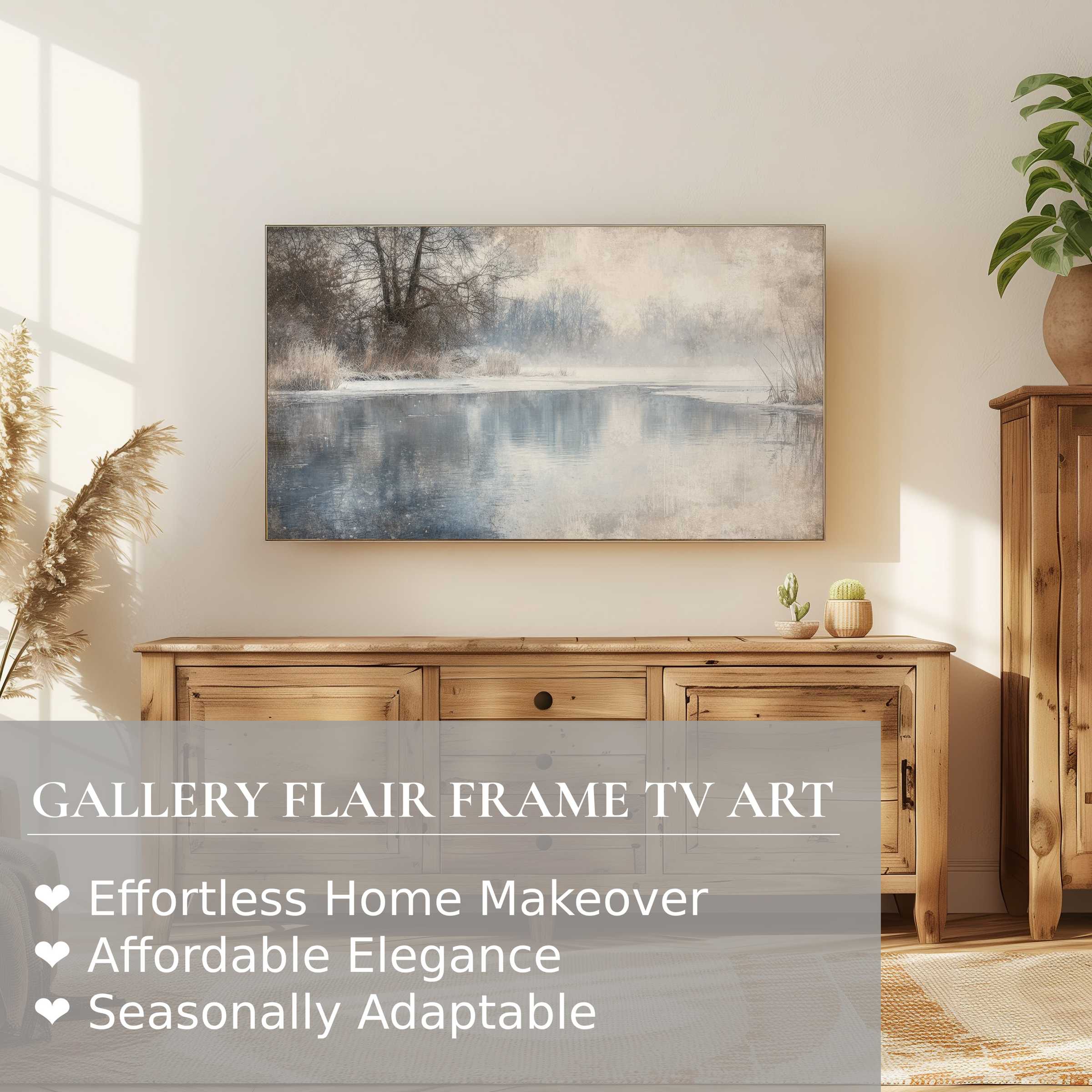 Samsung Frame TV displaying serene winter digital artwork, perfect for elegant, modern home decor settings