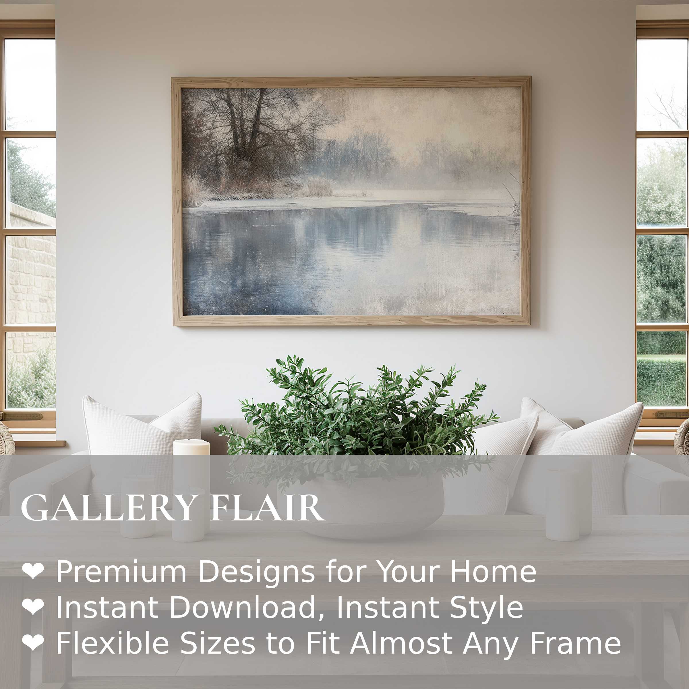 Winter wall art print capturing a serene frosted lakeside in soft, calming tones Enhances modern minimalist interiors with tranquil sophistication