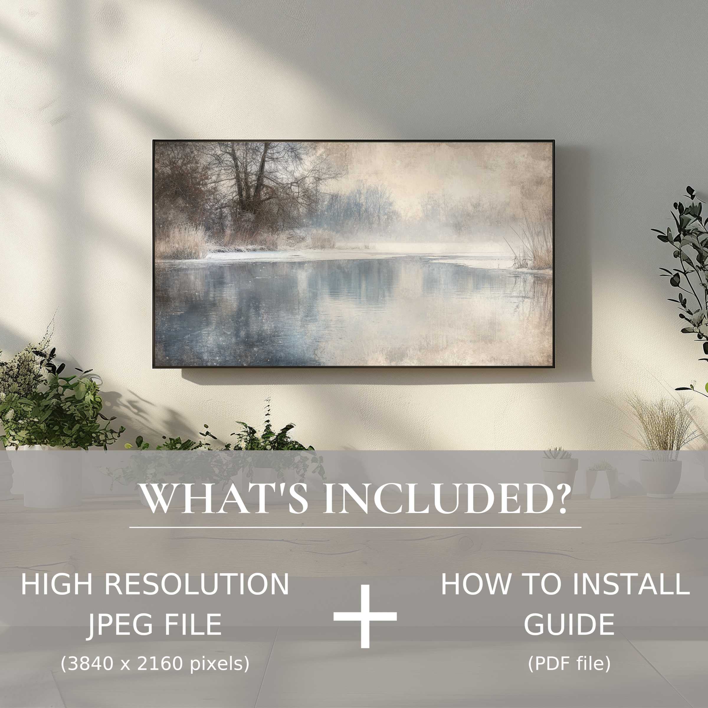 Elegant winter digital TV art download, easy to use; enhances serene living spaces with calming, modern décor
