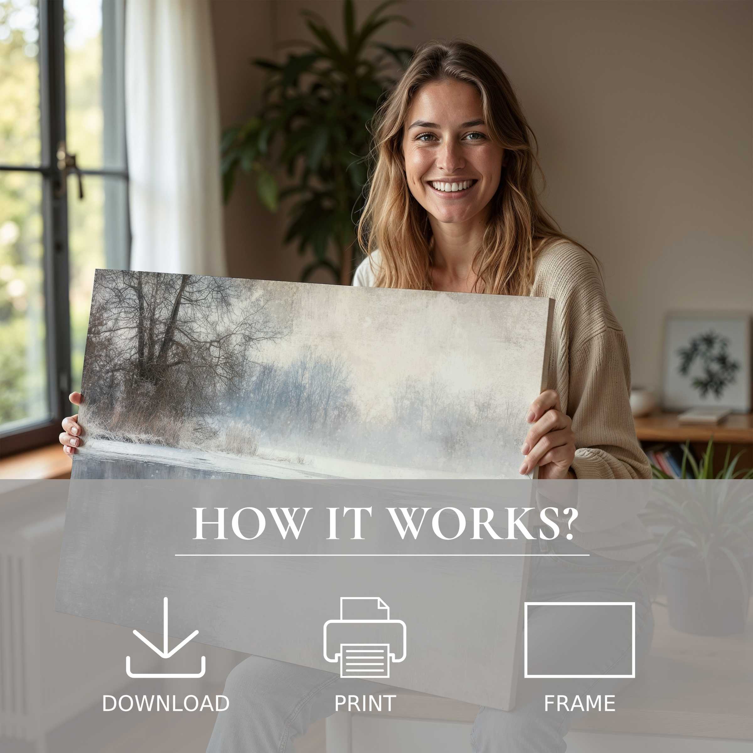 Refined woman in a serene modern home radiates joy, showcasing a winter digital art print that elevates living spaces with timeless calm