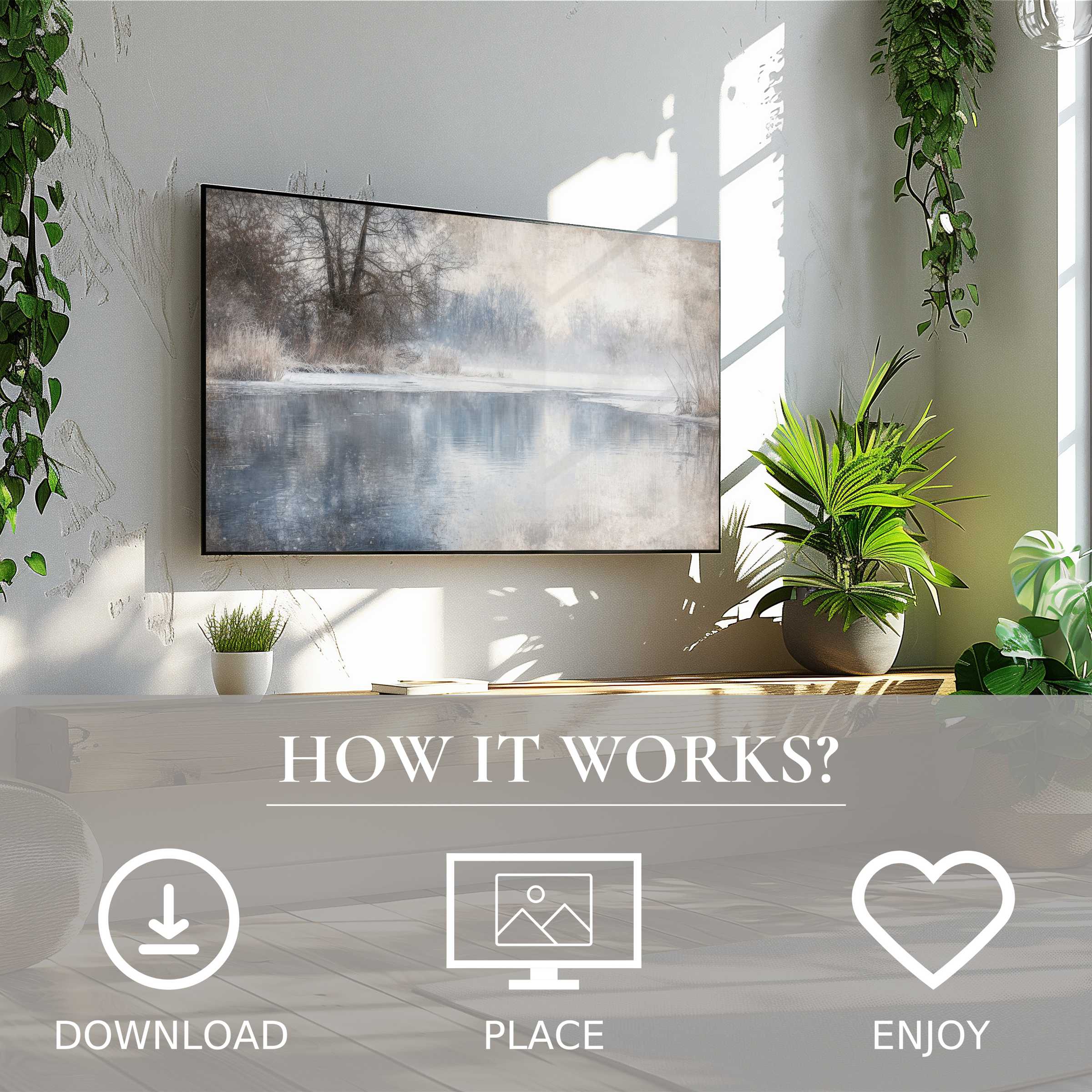 Winter art for Samsung TV shows a misty river scene; easy digital download enriches modern living spaces