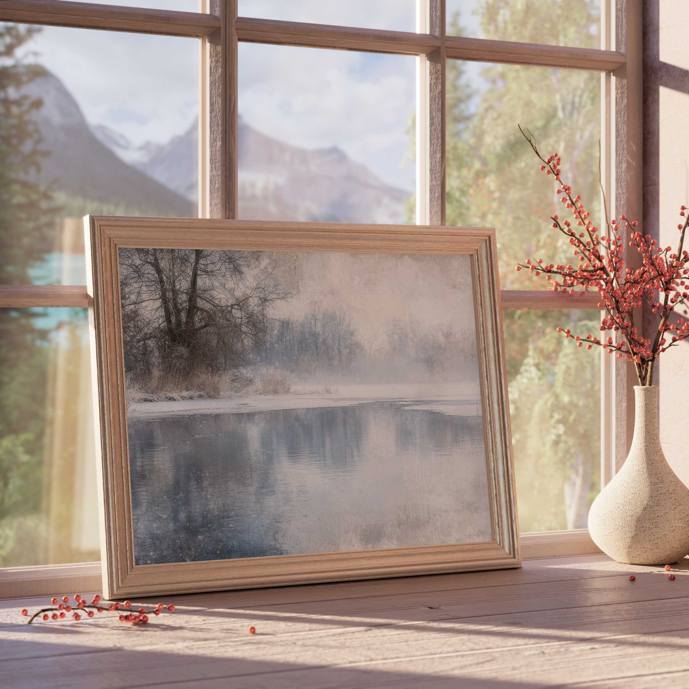 Winter downloadable art capturing a tranquil misty river scene with frosted trees, perfect for serene, stylish interiors