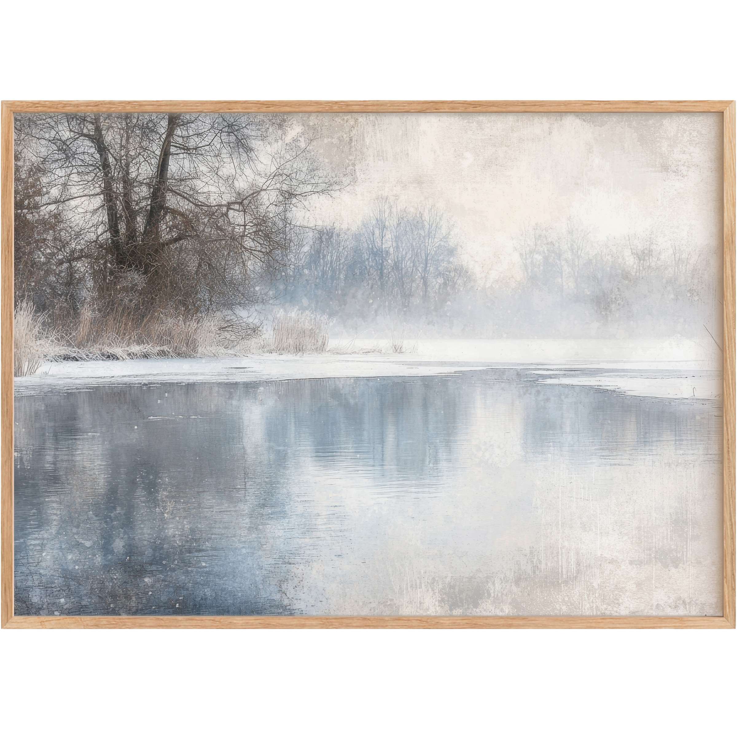 Ethereal winter printable wall art featuring misty blue-gray waters and frost-kissed trees, evoking serene, tranquil elegance