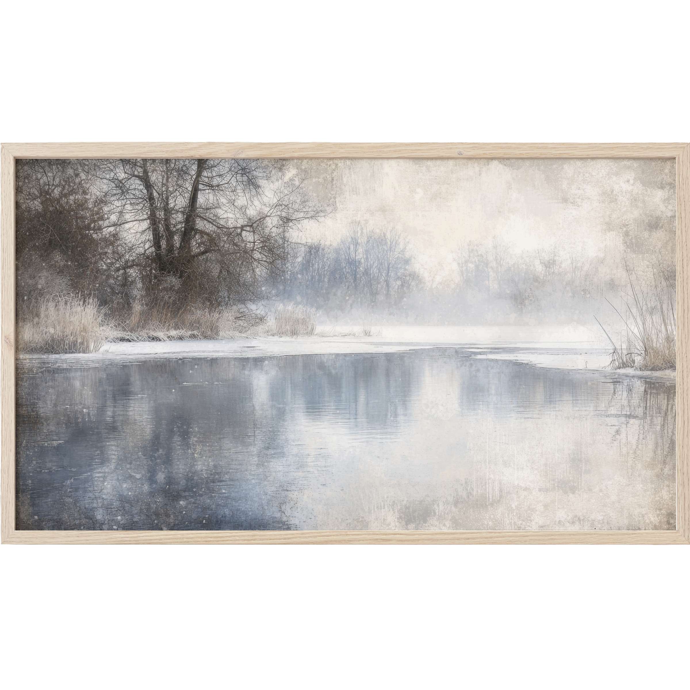 Winter Frame TV Art showing a serene misty lake in muted blues and grays with soft, elegant textures