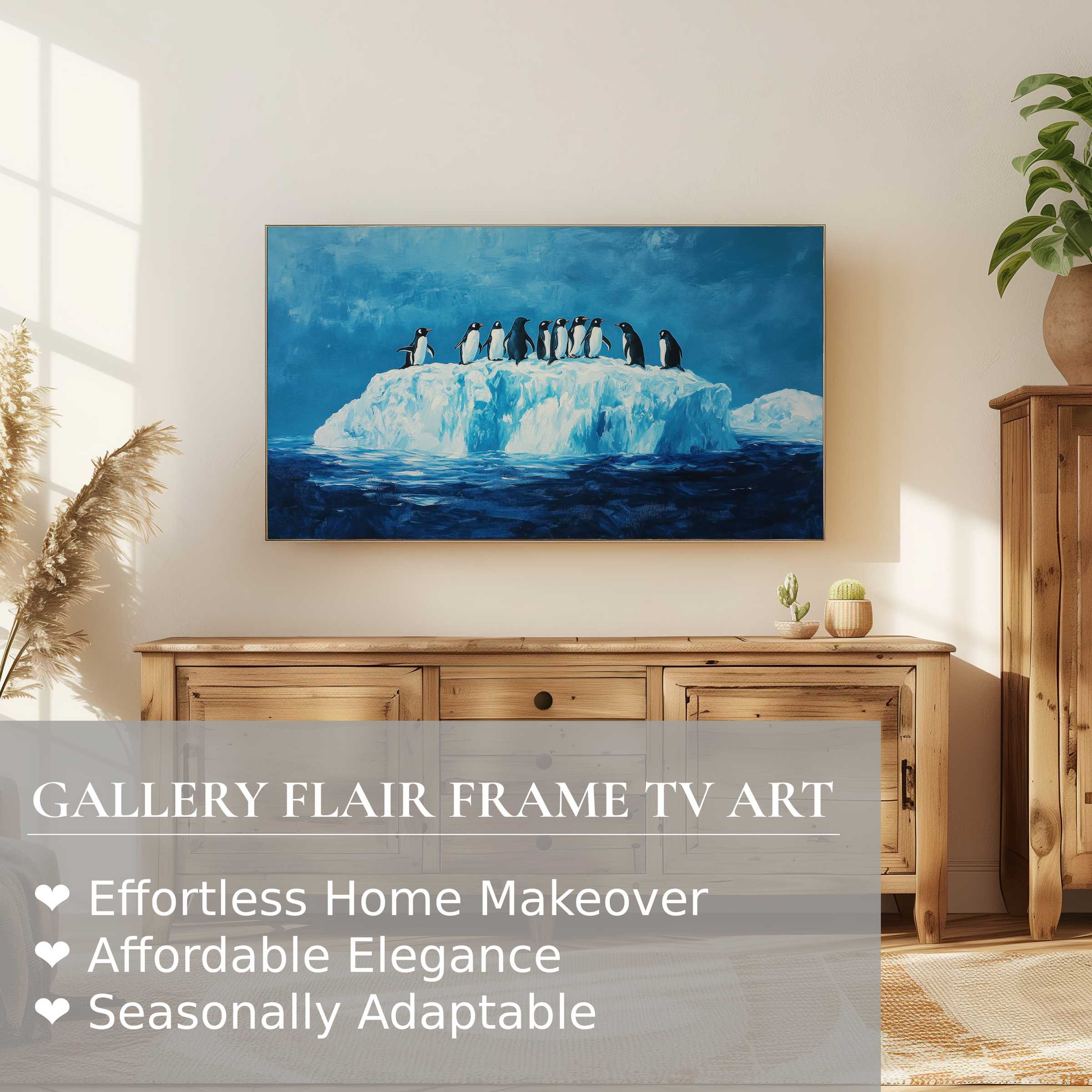 Samsung Frame TV displays elegant street art digital artwork of penguins on ice in a modern, sunlit decor setting