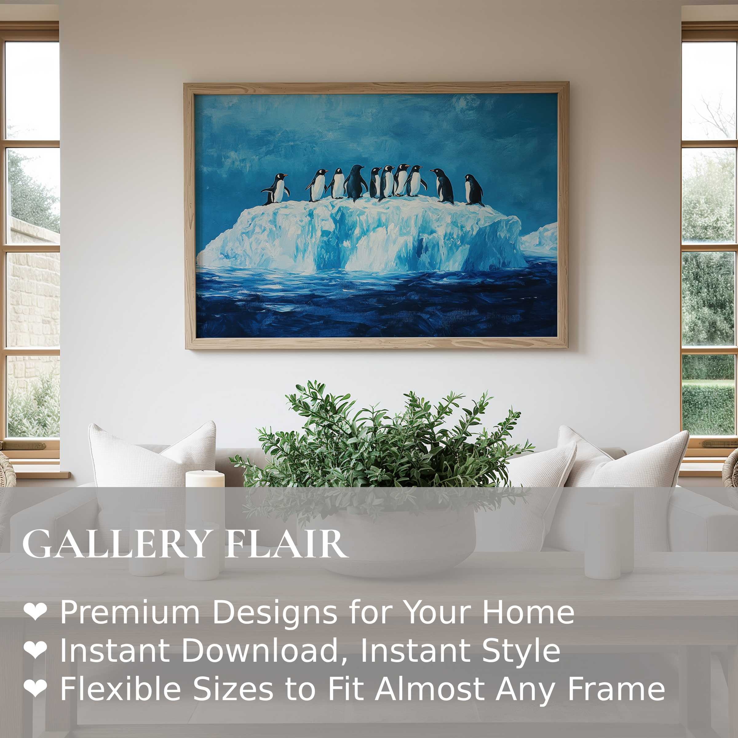 Street art wall art print featuring a bold, vibrant penguin scene on an icy blue backdrop, enhancing modern minimalist interiors with dynamic coastal charm