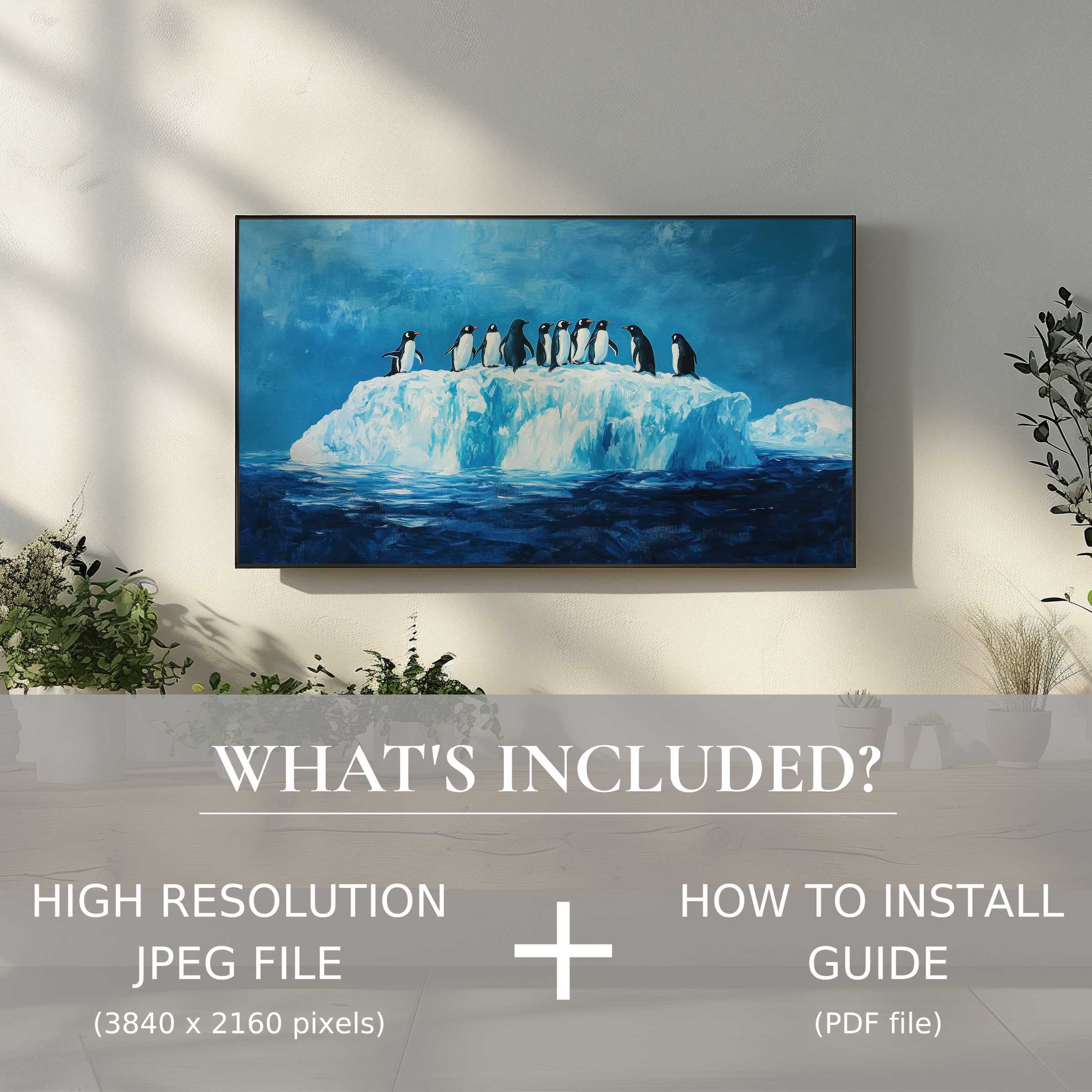 Elegant living room with penguin art; street art digital TV art download for easy decor enhancement