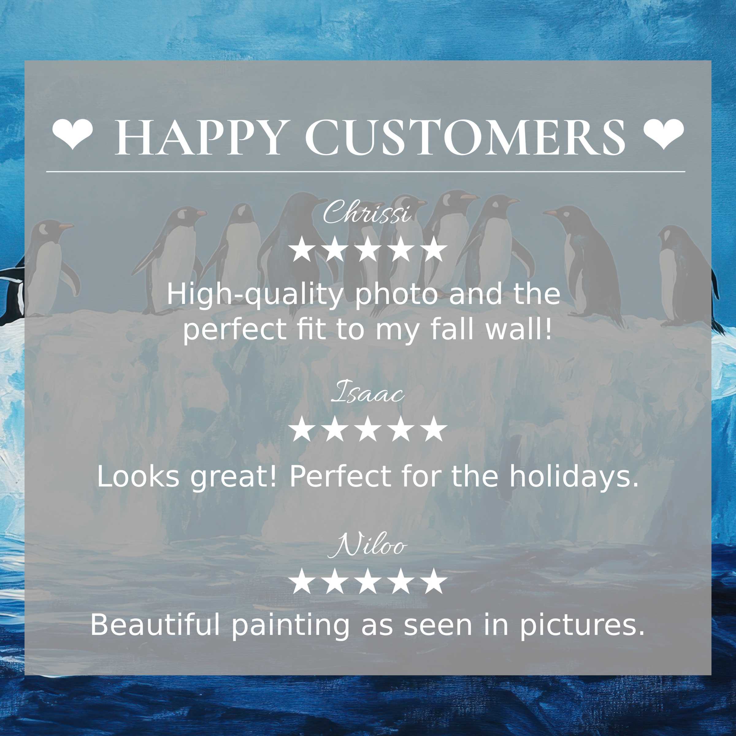 Street art for Frame TV with abstract icy blues, showcasing happy customer reviews and elegant, trustworthy design