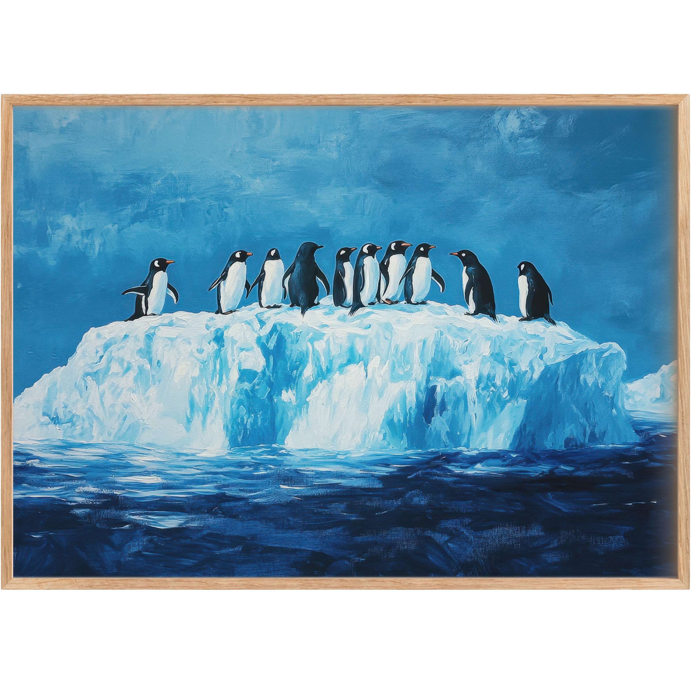 Elevate interiors with street art printable wall art featuring a serene penguin gathering on icy blues, evoking calm and unity